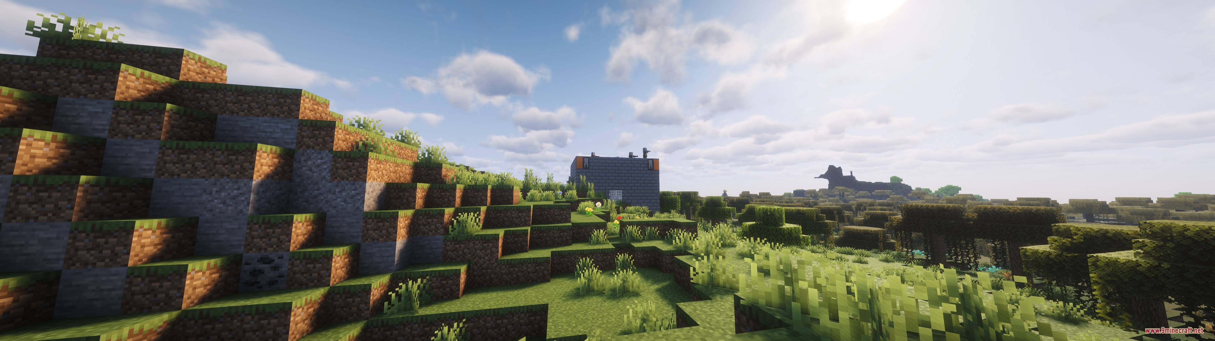 Exfil Craft Mod Screenshot 7 A peaceful Minecraft home base built on a grassy hill under a sunny sky