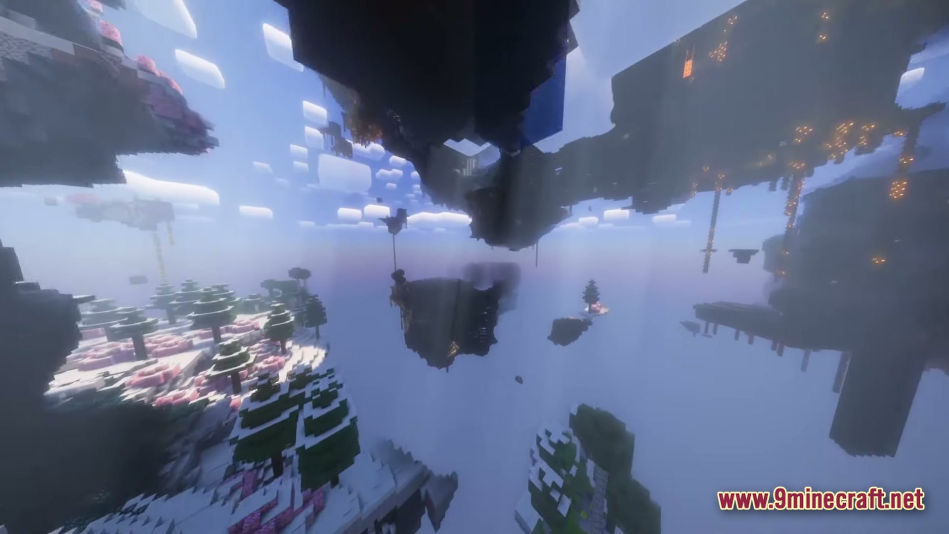 Exosphere 1 Modpack Screenshot 1 Floating islands with diverse biomes and structures suspended in a foggy sky with volumetric lighting
