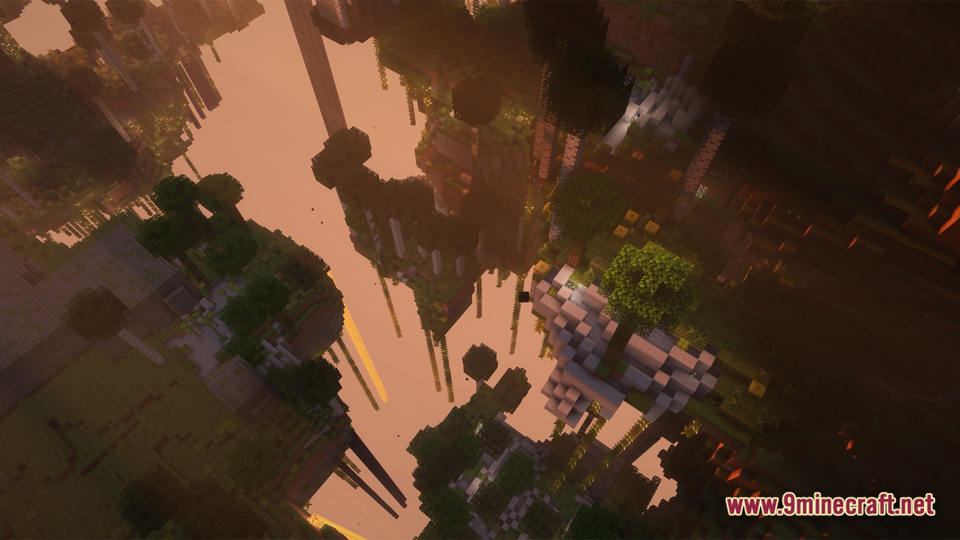 Exosphere 1 Modpack Screenshot 10 Floating islands with trees and vines suspended over a void during a sunset in Exosphere