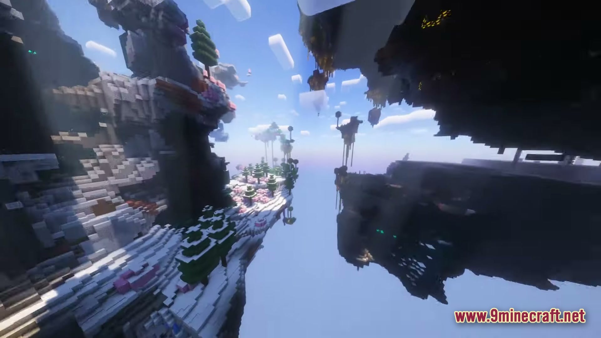 Exosphere 1 Modpack Screenshot 2 Floating islands with snowy terrain and cherry blossom trees under a bright blue sky