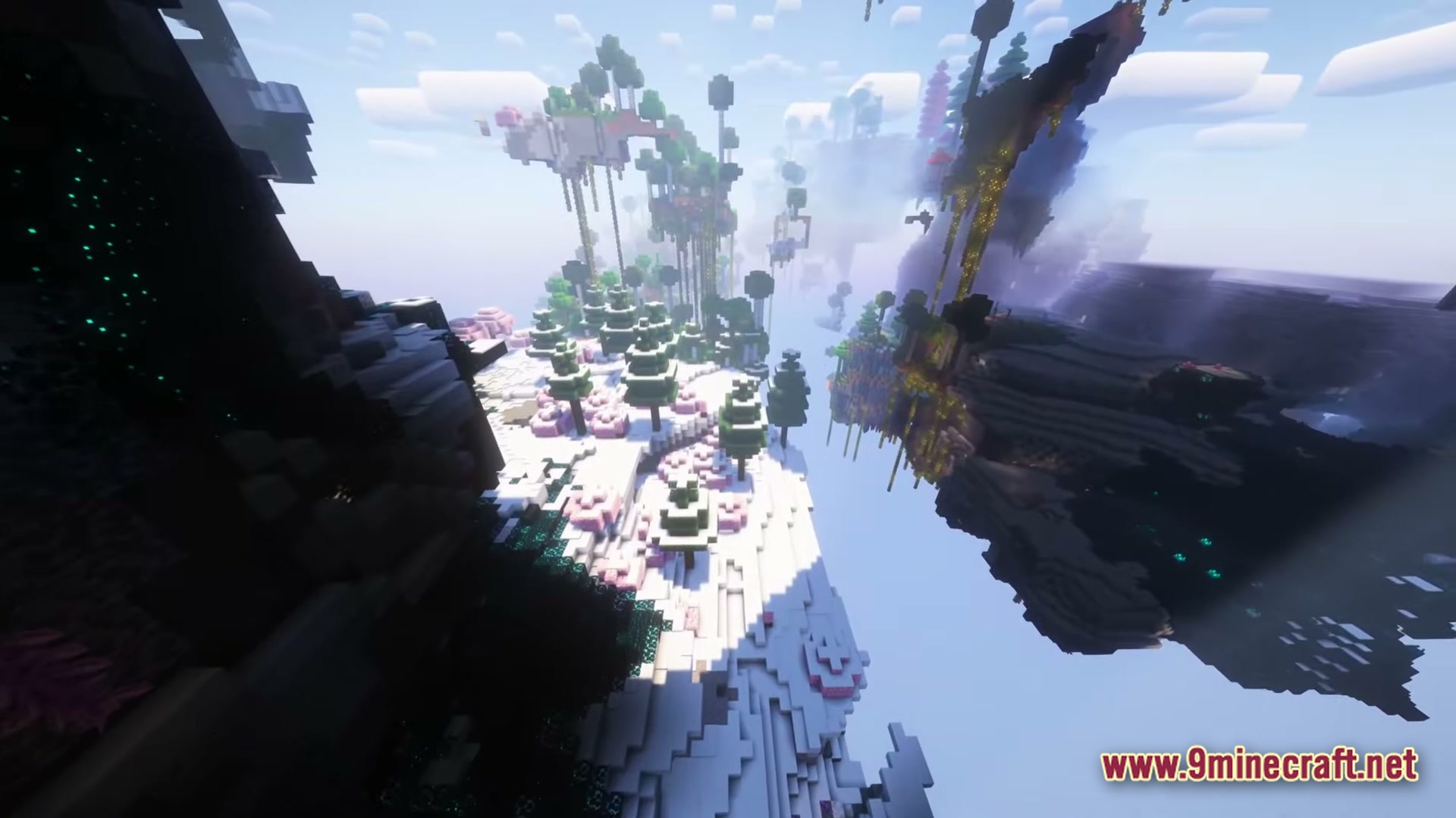 Exosphere 1 Modpack Screenshot 4 Floating islands with diverse biomes, including snowy forests and sculk-covered cliffs, under a bright sky
