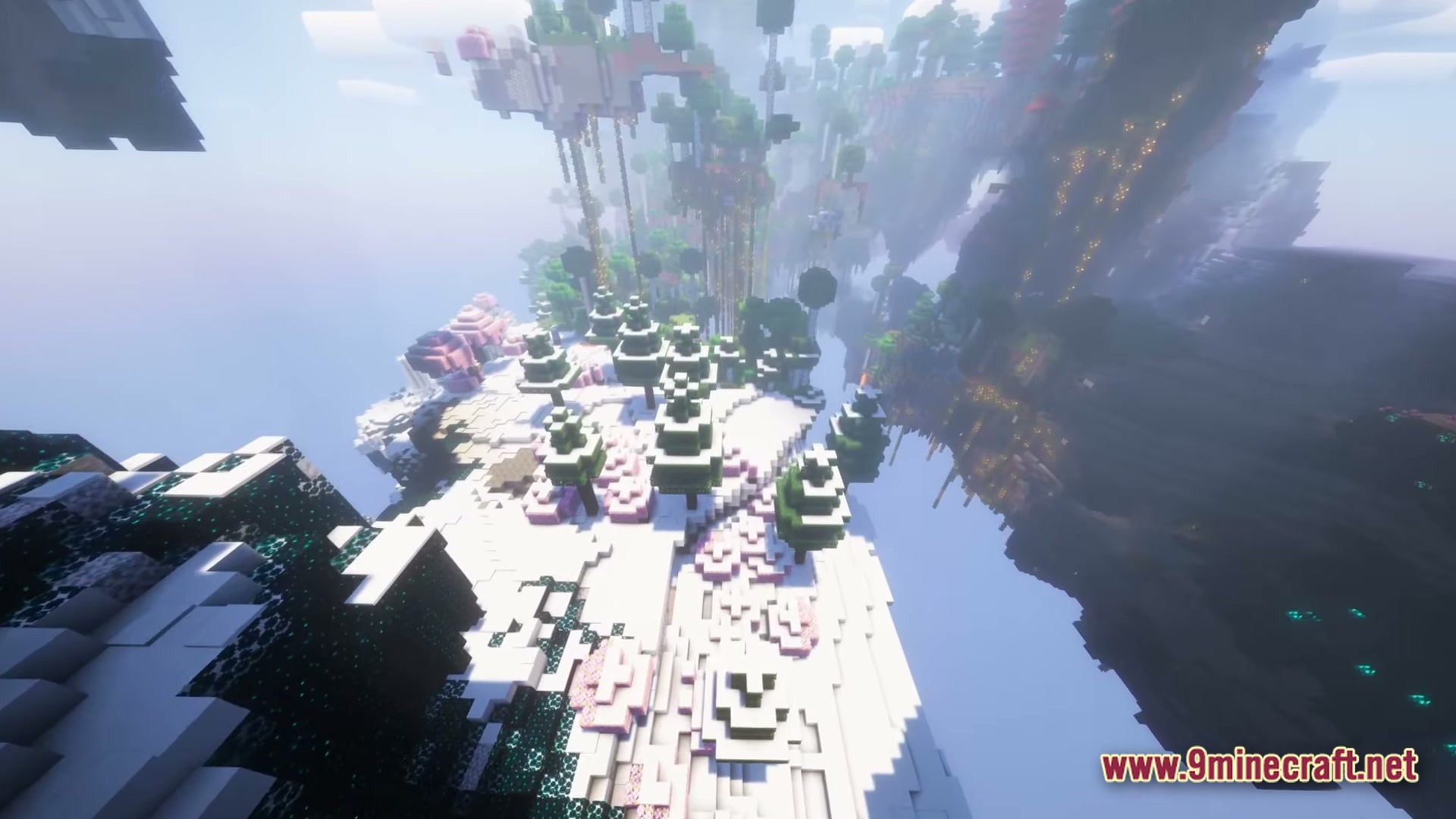 Exosphere 1 Modpack Screenshot 5 Floating islands with snow-covered terrain, spruce trees, and cherry blossoms under a bright sky