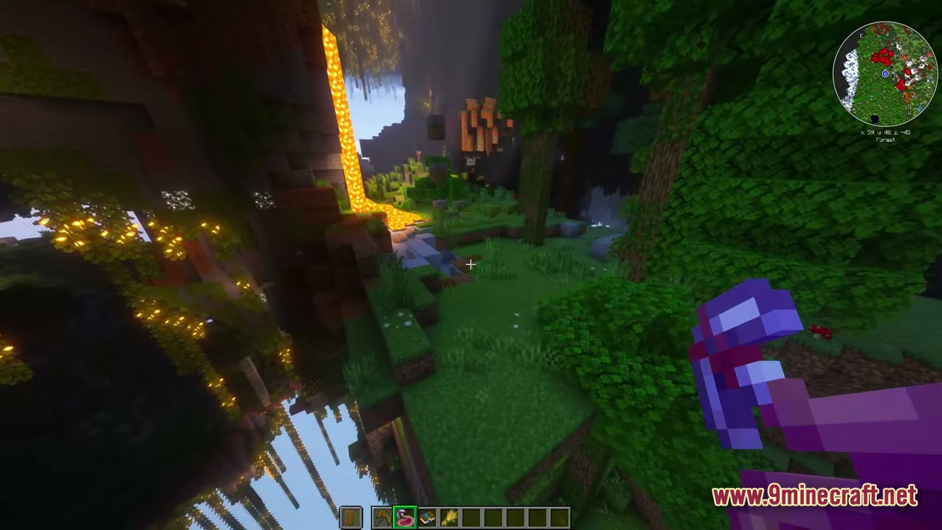 Exosphere 1 Modpack Screenshot 6 A lush forest biome featuring a lava waterfall, glowing vegetation, and a floating island landscape