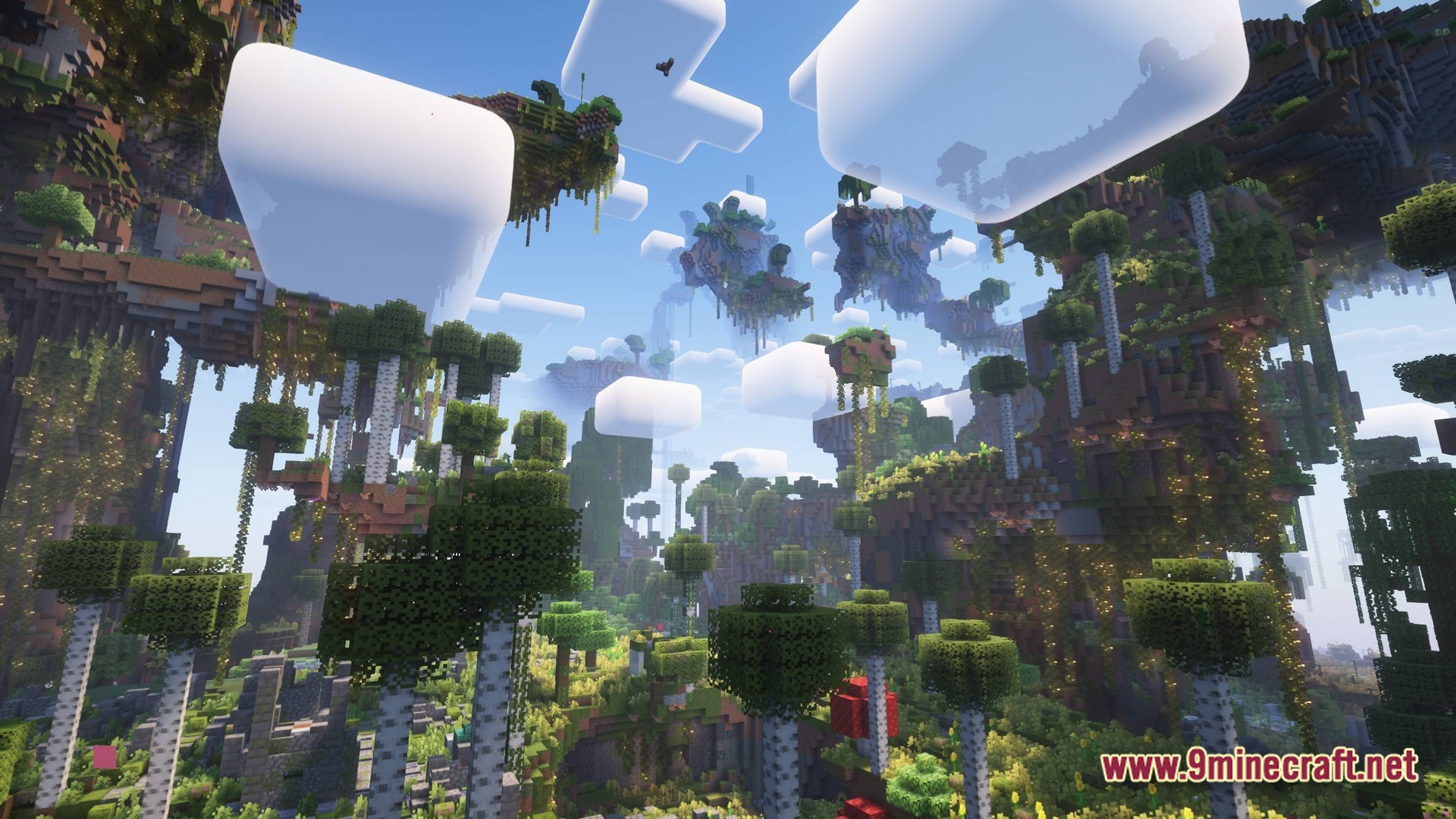 Exosphere 1 Modpack Screenshot 7 Lush floating islands with birch trees, vines, and rounded clouds in a sky-based Minecraft world