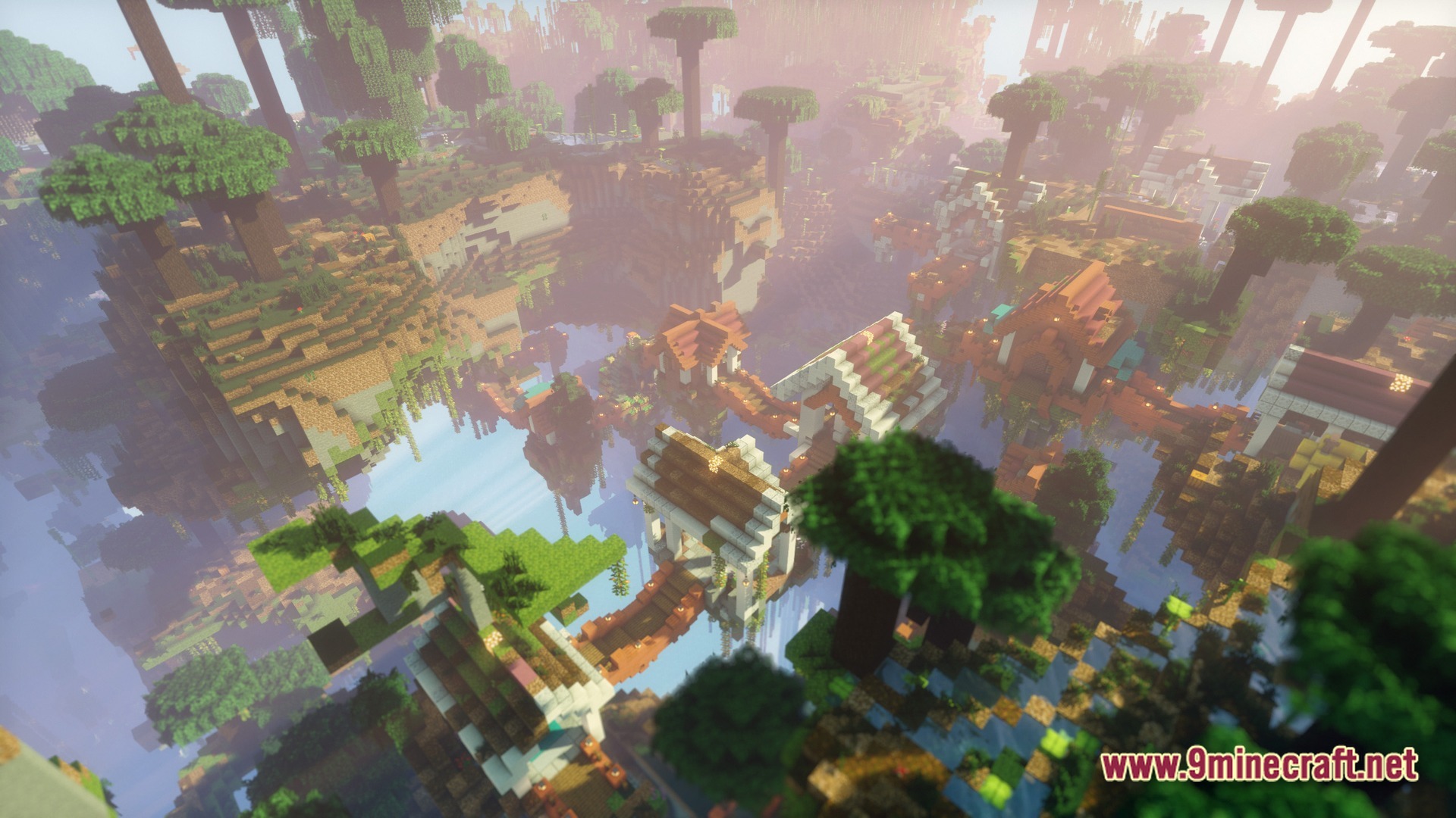 Exosphere 1 Modpack Screenshot 8 A village of wooden houses and rope bridges built across floating islands in a jungle biome