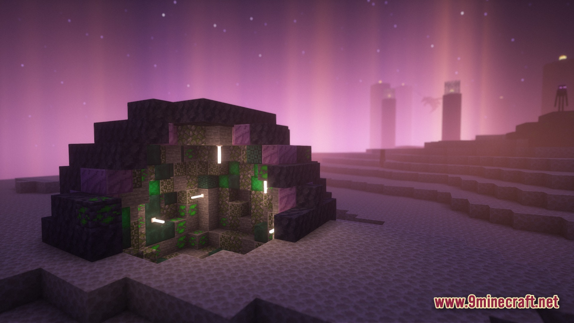 Exosphere 1 Modpack Screenshot 9 A small dome structure with glowing green blocks sits in a purple-tinted End dimension landscape