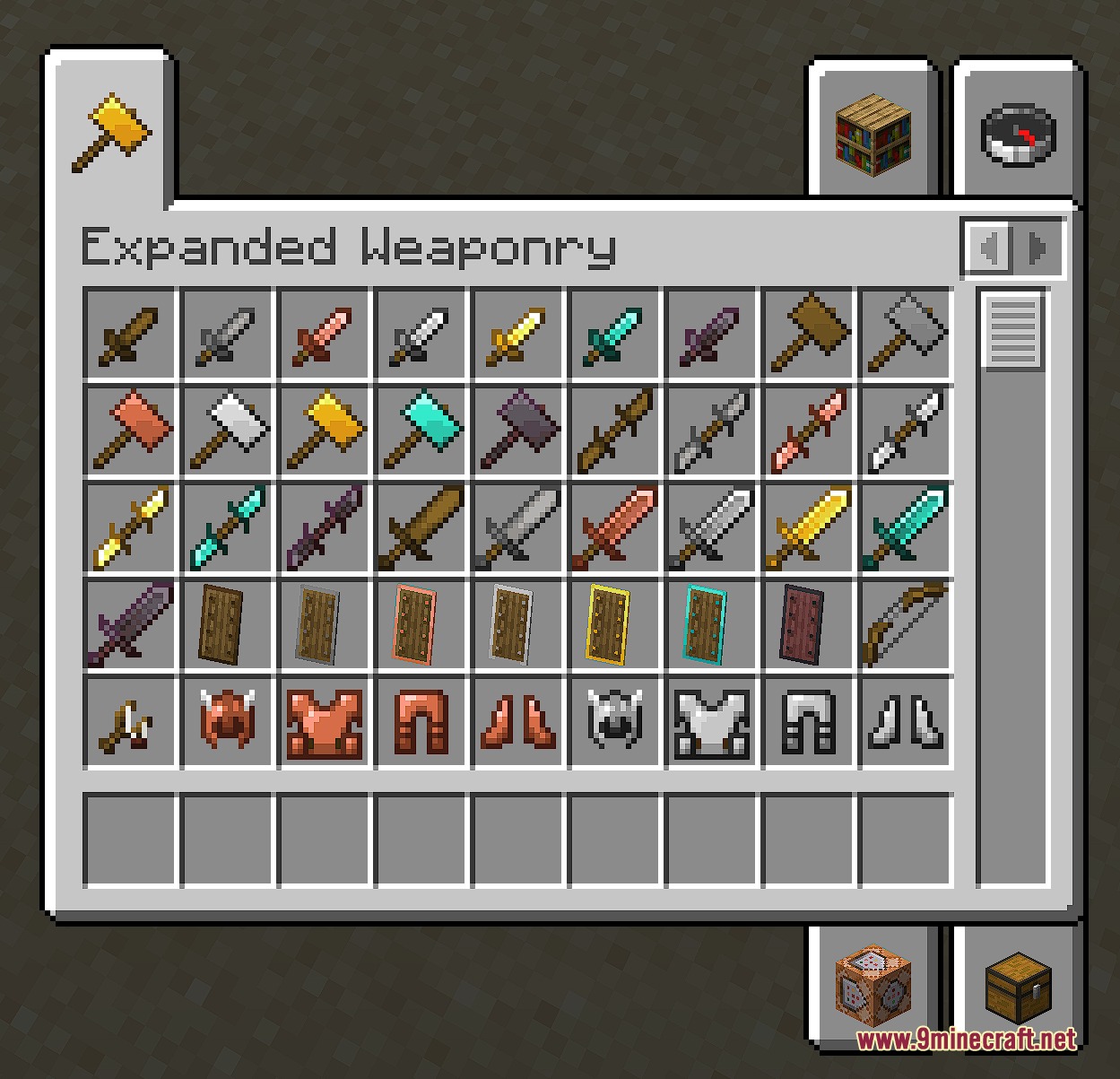Expanded Weaponry Mod Screenshot 2 The creative inventory menu displaying new hammers daggers and heavy armor sets