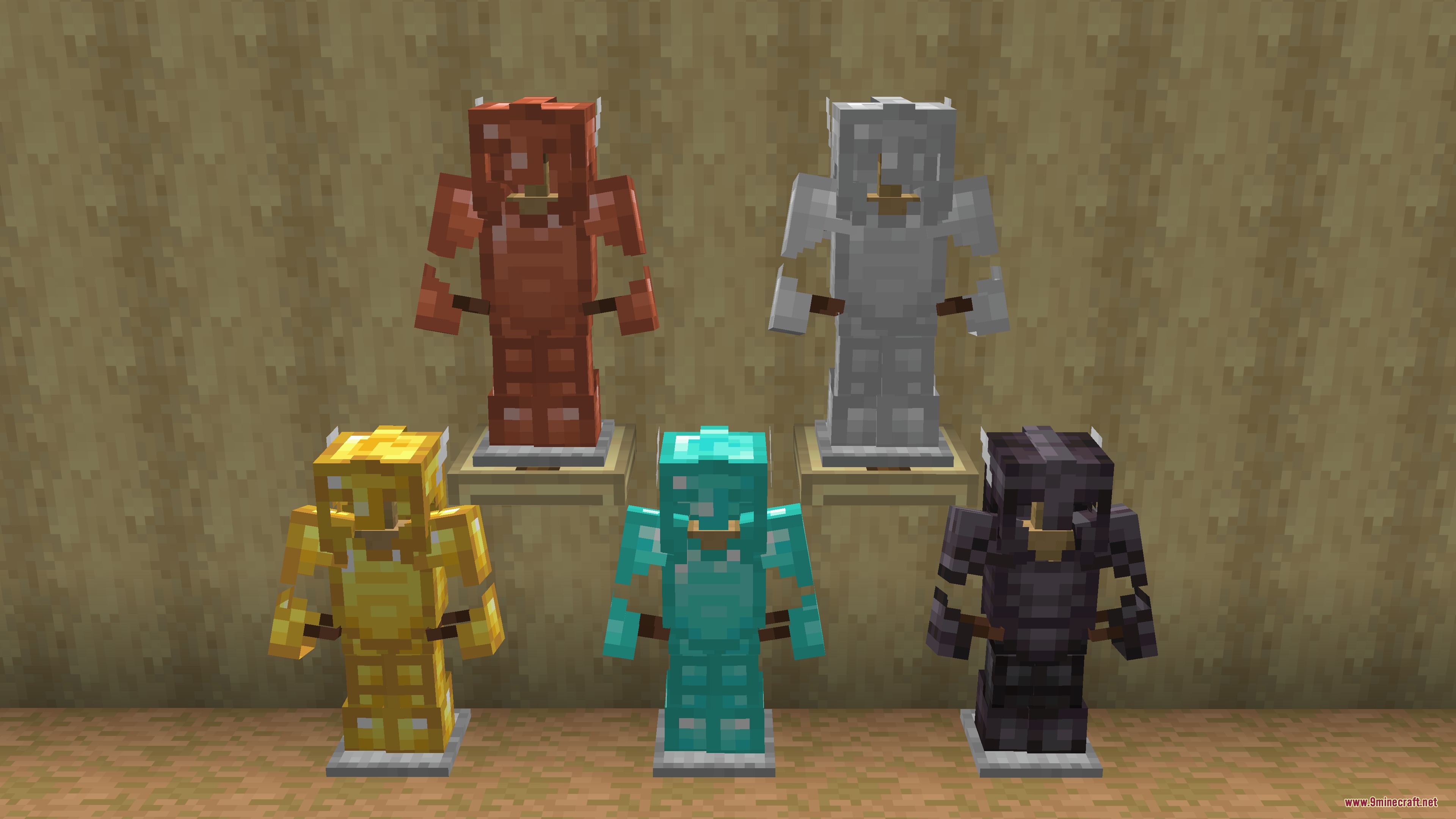 Expanded Weaponry Mod Screenshot 3 Five sets of heavy armor displayed on stands within a wooden room