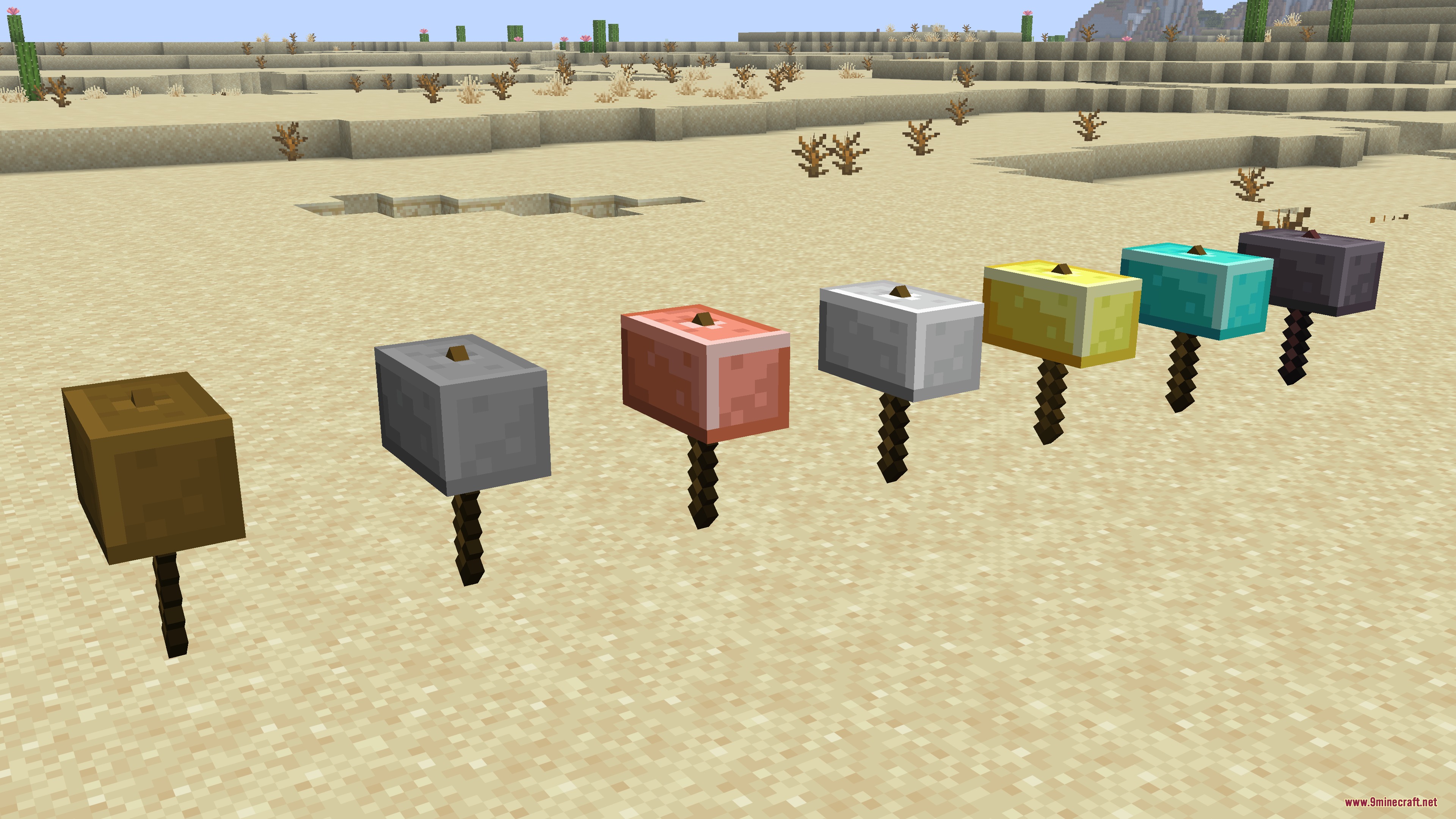 Expanded Weaponry Mod Screenshot 5 Various hammers from the Expanded Weaponry Mod displayed in a desert biome