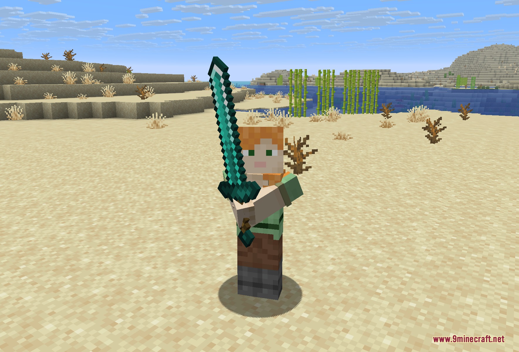 Expanded Weaponry Mod Screenshot 8 A player character wielding a large diamond greatsword in a desert biome