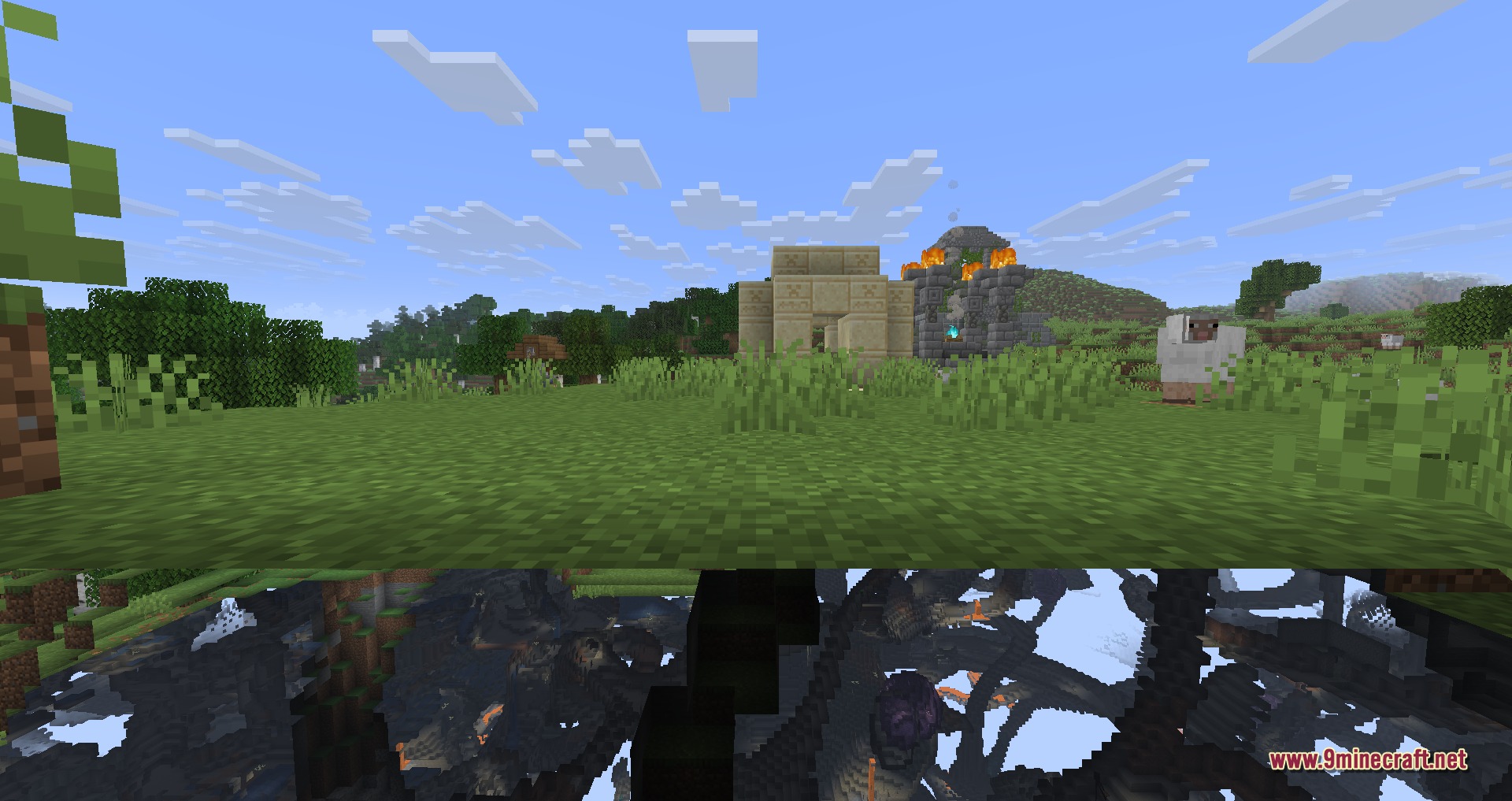 Explorations 9minecraft Mod Screenshot 4 Split screen showing a desert temple and ruined portal above deep underground caves