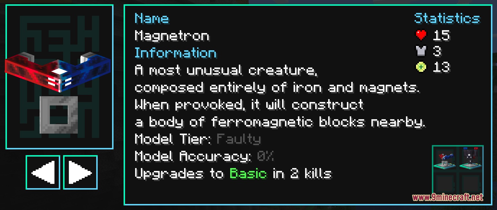 Extra Data Models Trivia Resource Pack Screenshot 3 Magnetron mob entry showing statistics and trivia in the Deep Learner interface