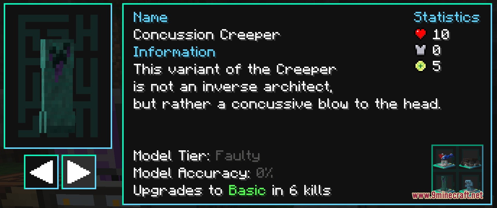 Extra Data Models Trivia Resource Pack Screenshot 4 Concussion Creeper mob entry displaying health and armor stats in the menu