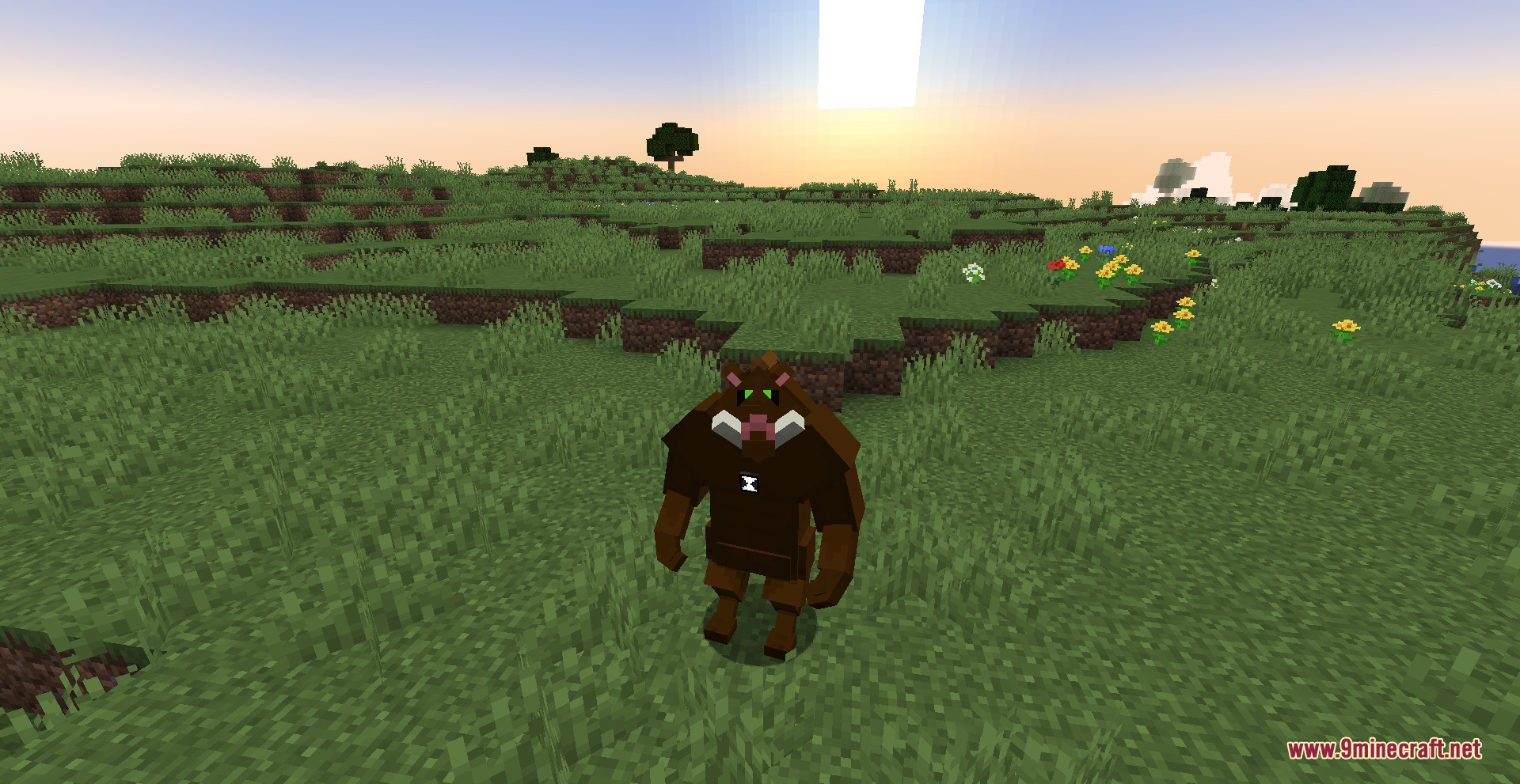 Extraterrestrial Genetic Surge Mod Screenshot 8 A brown alien transformation standing in a grassy Minecraft field during sunset