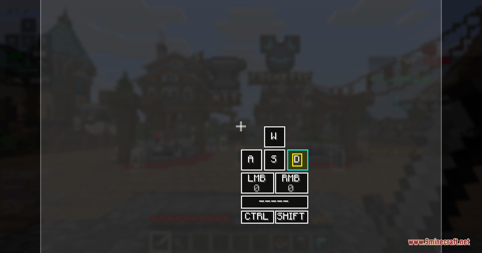 Eymistaken's HUD Mod Screenshot 4 A Minecraft screen showing the keystrokes tracker overlay for movement and clicks
