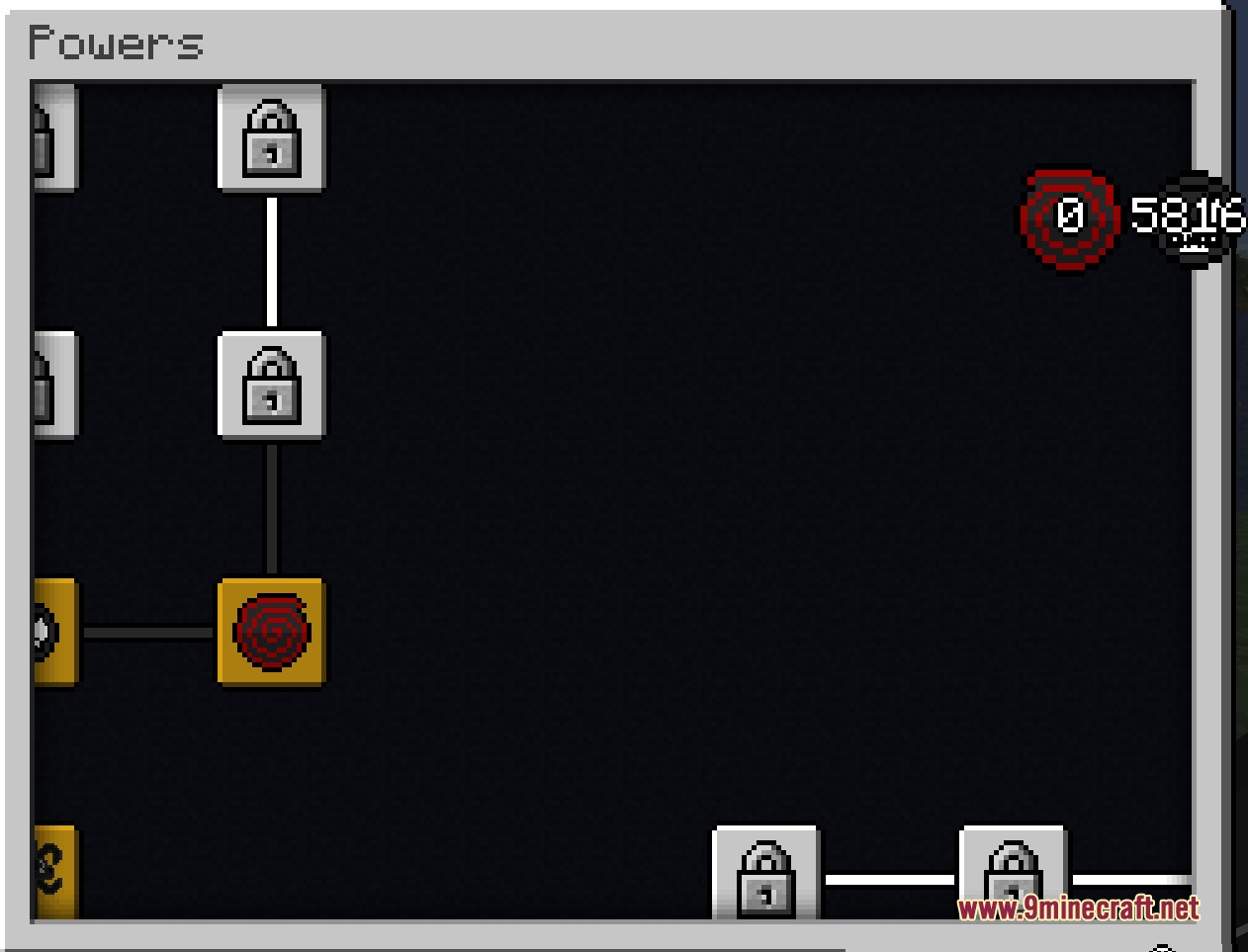 A custom Minecraft GUI displaying a tree of superhero powers and abilities