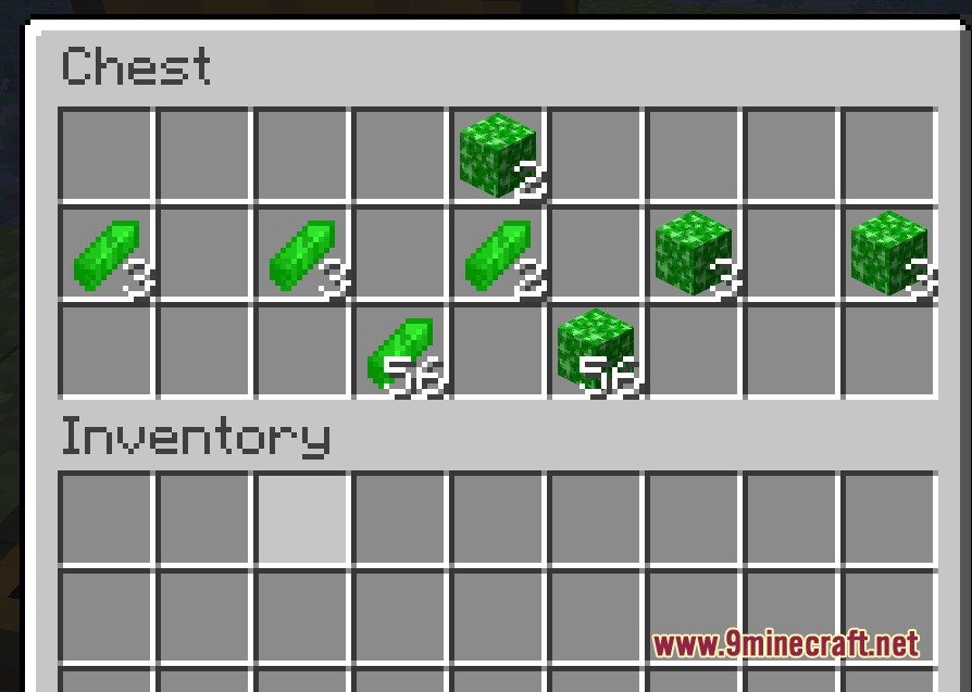 A chest inventory showing stackable green kryptonite items and blocks