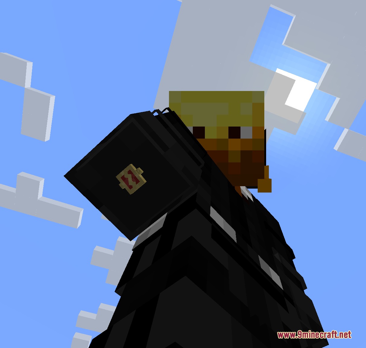 Minecraft player wearing a formal black suit and a golden Flash ring