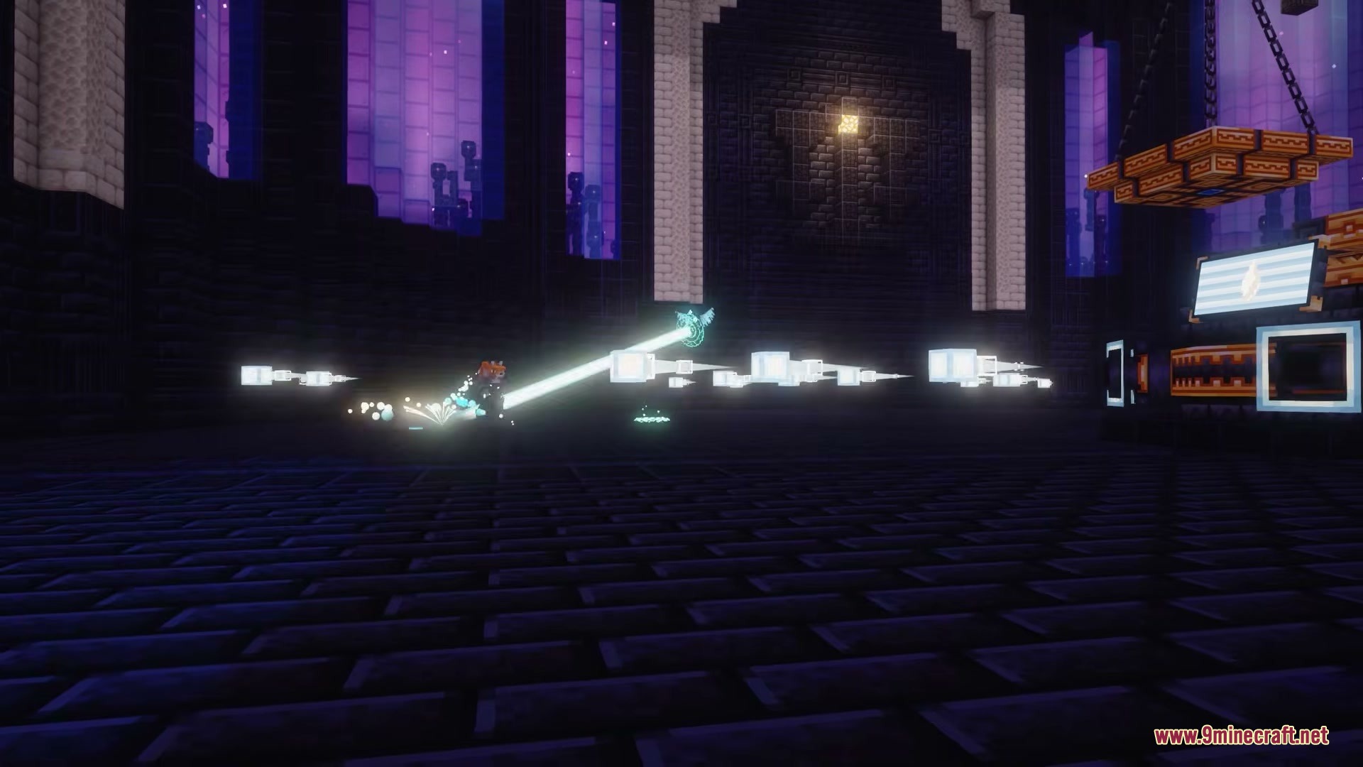 F Tech Equipment Mod Screenshot 1 A Minecraft character firing a powerful laser beam inside a dark futuristic room