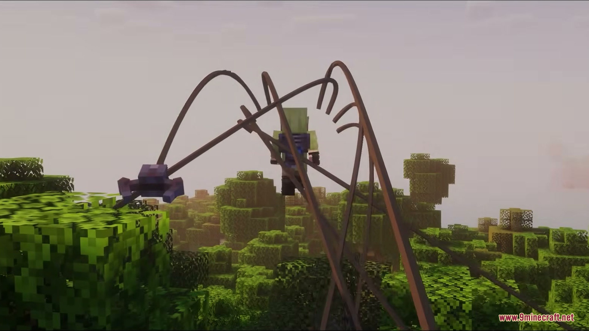 F Tech Equipment Mod Screenshot 10 A player uses robotic arms to navigate and swing through a forest biome