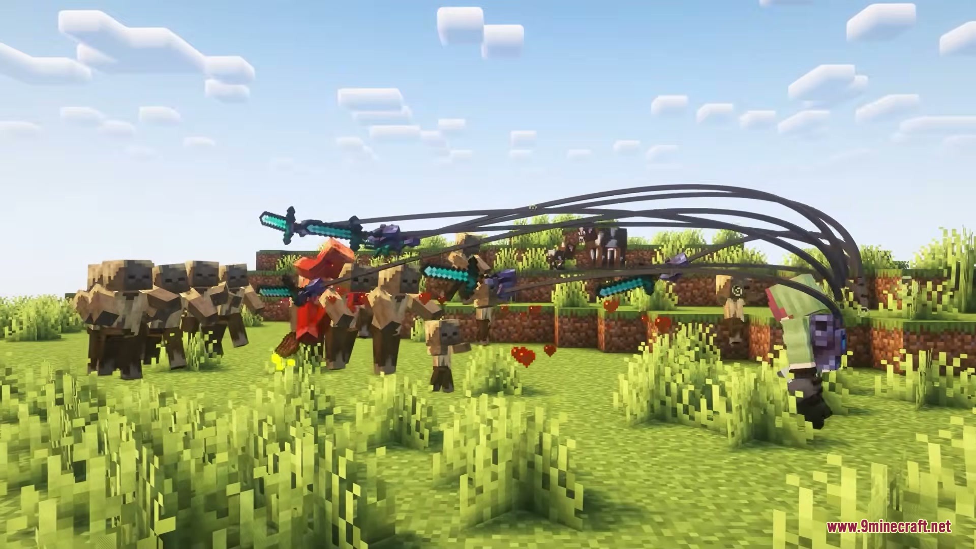 F Tech Equipment Mod Screenshot 3 Player using mechanical arms from a backpack to fight zombies with diamond swords