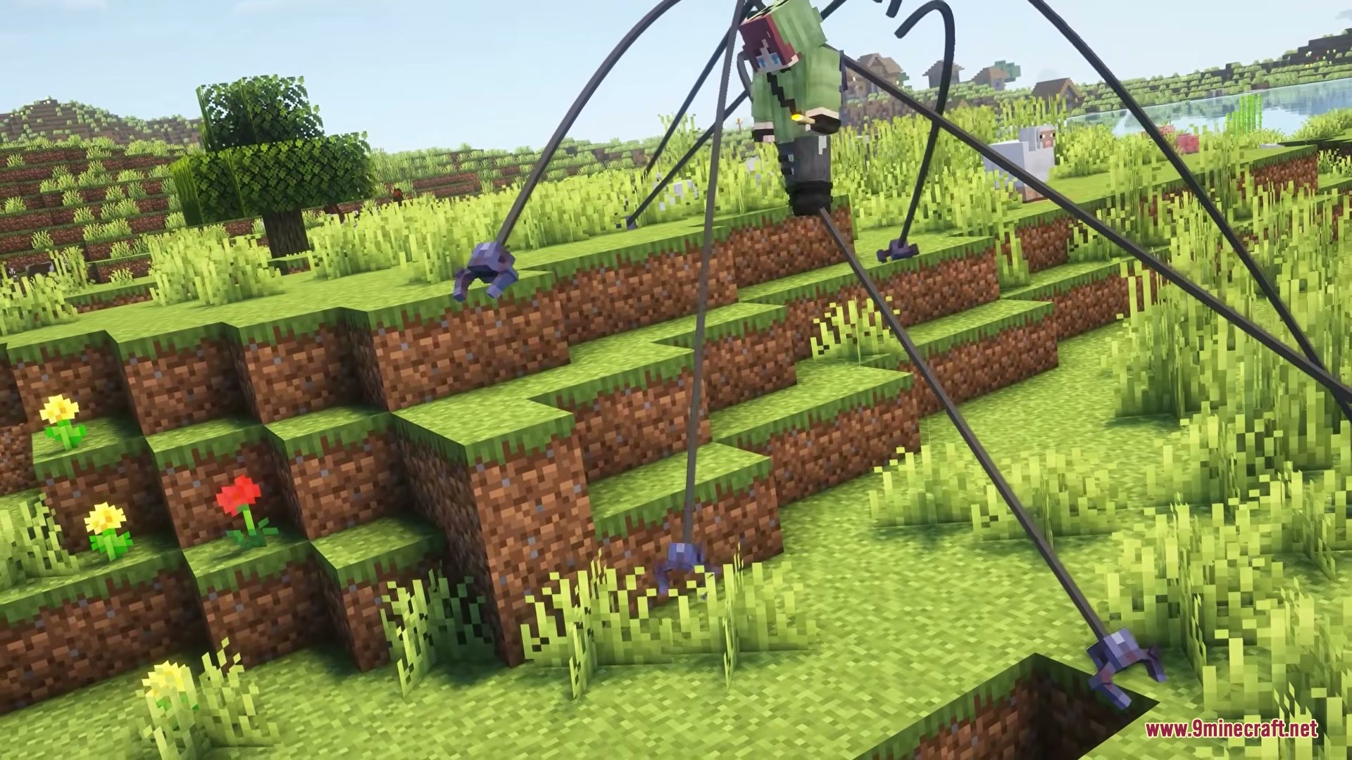 F Tech Equipment Mod Screenshot 4 Player walking on long mechanical arms extending from a high tech backpack