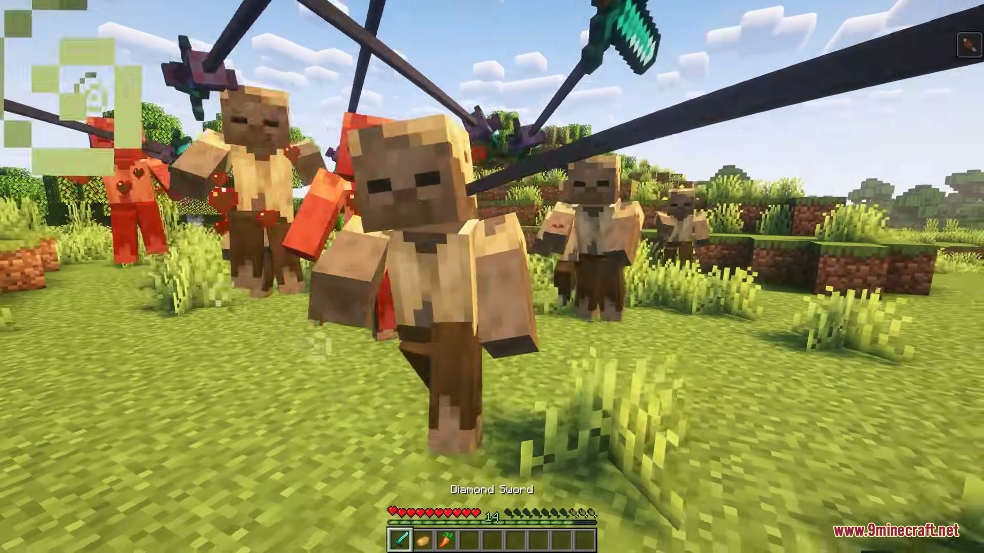 F Tech Equipment Mod Screenshot 5 Mechanical arms with diamond swords attacking zombies in a grassy field