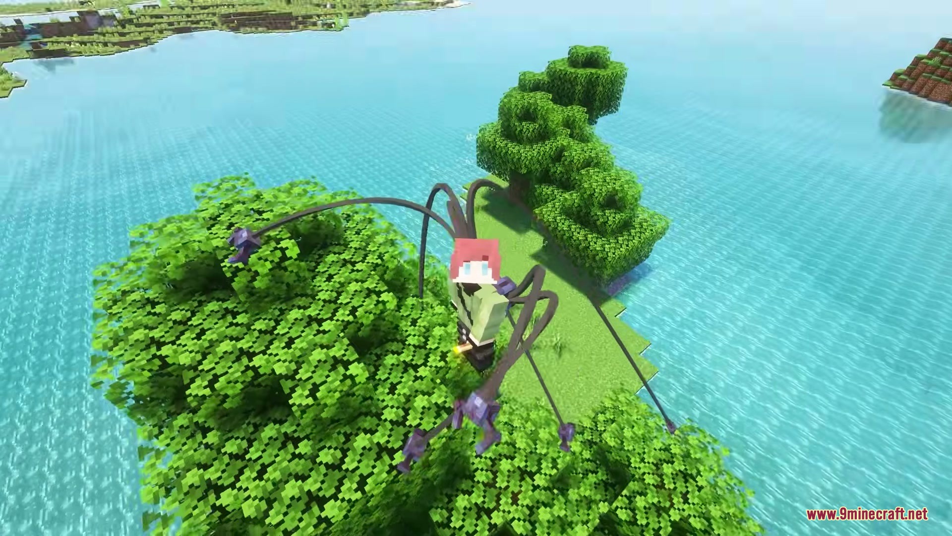 F Tech Equipment Mod Screenshot 6 Player with four mechanical arms standing on a tree near the water