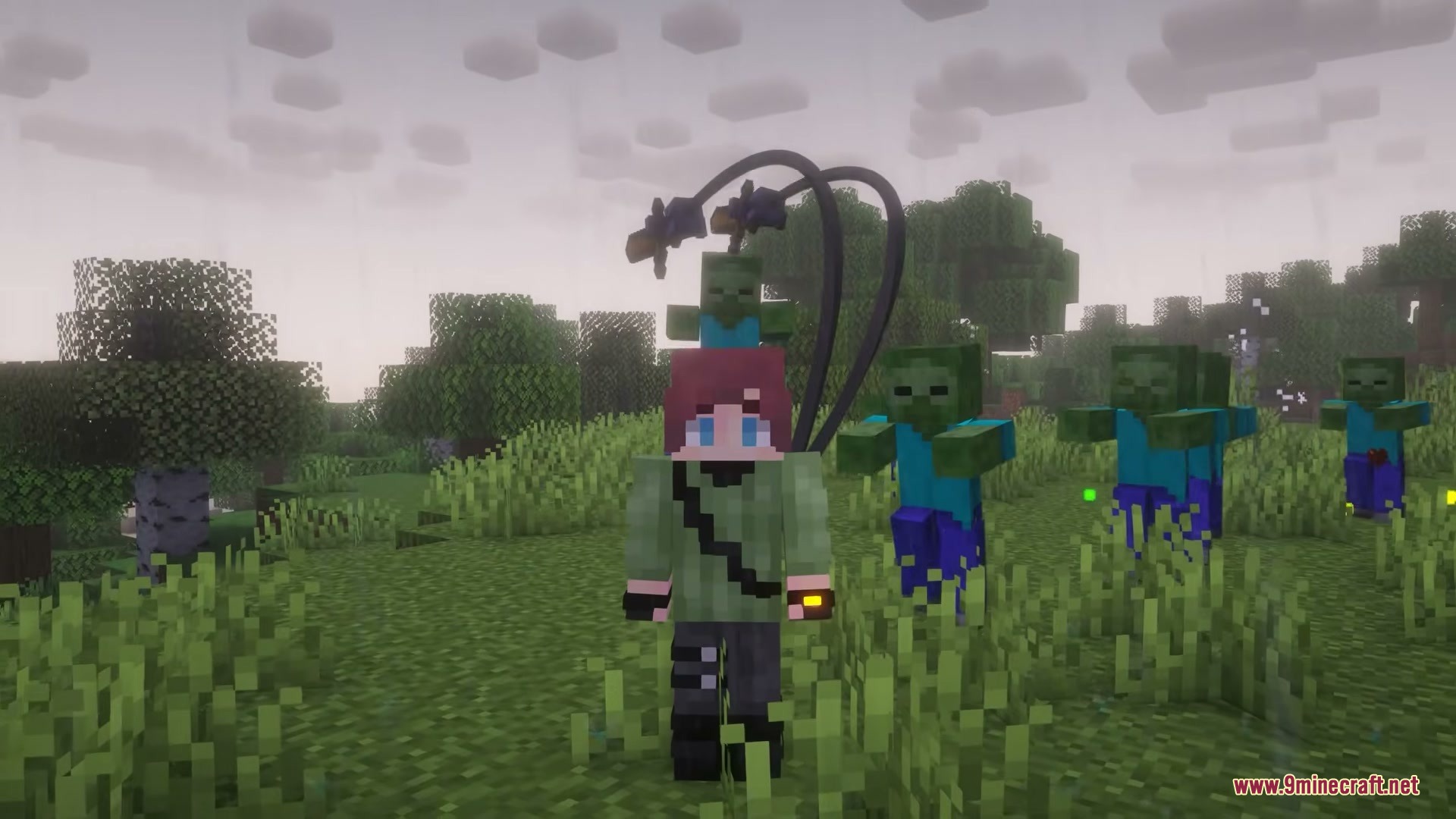 F Tech Equipment Mod Screenshot 7 Minecraft player with mechanical arms and a baby zombie on their head