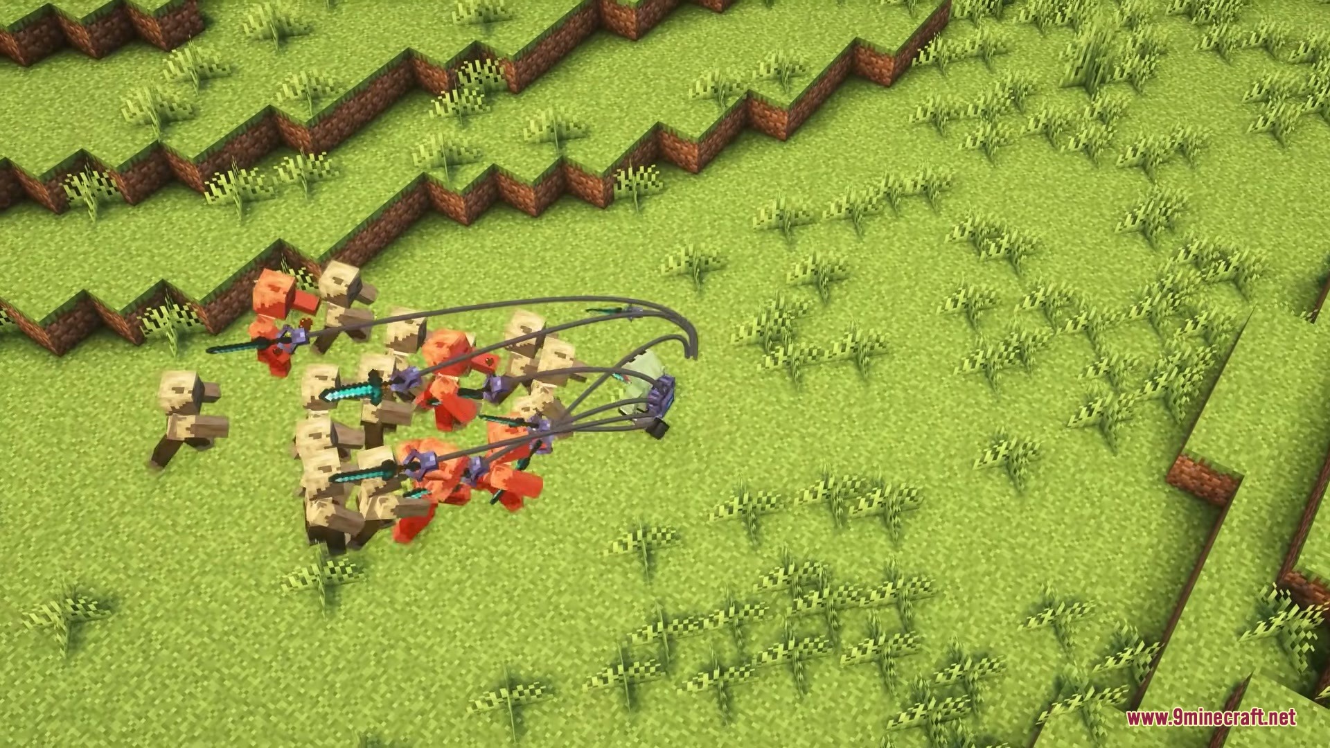 F Tech Equipment Mod Screenshot 8 Mechanical arms from a backpack attacking a group of zombies in a field