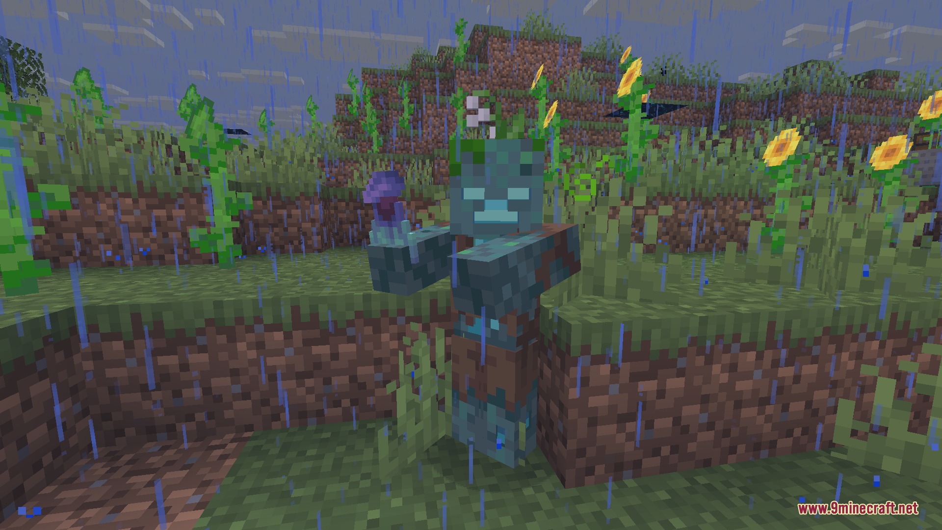 F Zero Drops Mod Screenshot 2 A Drowned mob holding a purple treat stands in a rainy sunflower field
