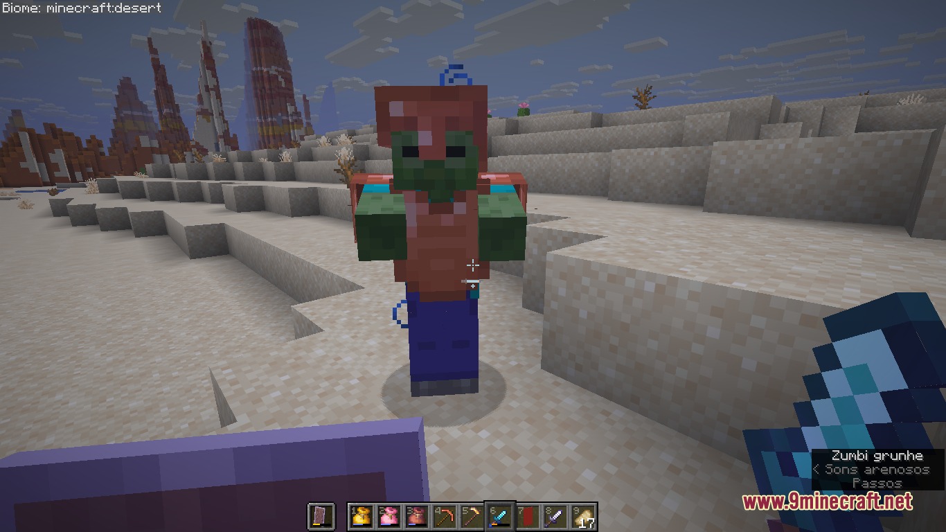 F Zero Drops Mod Screenshot 5 A zombie wearing copper armor with trims standing in a desert biome