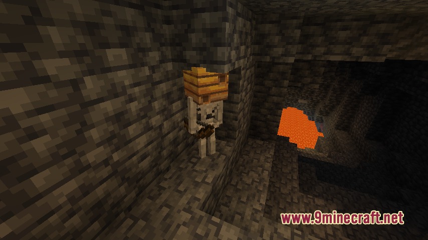 F Zero Drops Mod Screenshot 7 A skeleton wearing a beehive on its head inside a dark stone cave