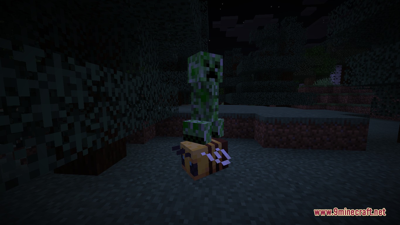 F Zero Drops Mod Screenshot 8 A creeper riding on the back of a bee in a dark forest