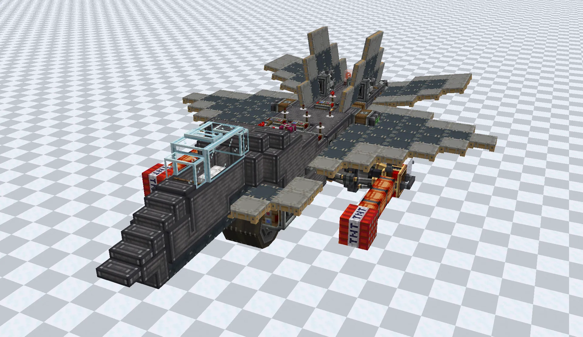 F22 Raptor Schematic Screenshots 2 A dark gray Minecraft fighter jet equipped with TNT bombs on a checkered floor