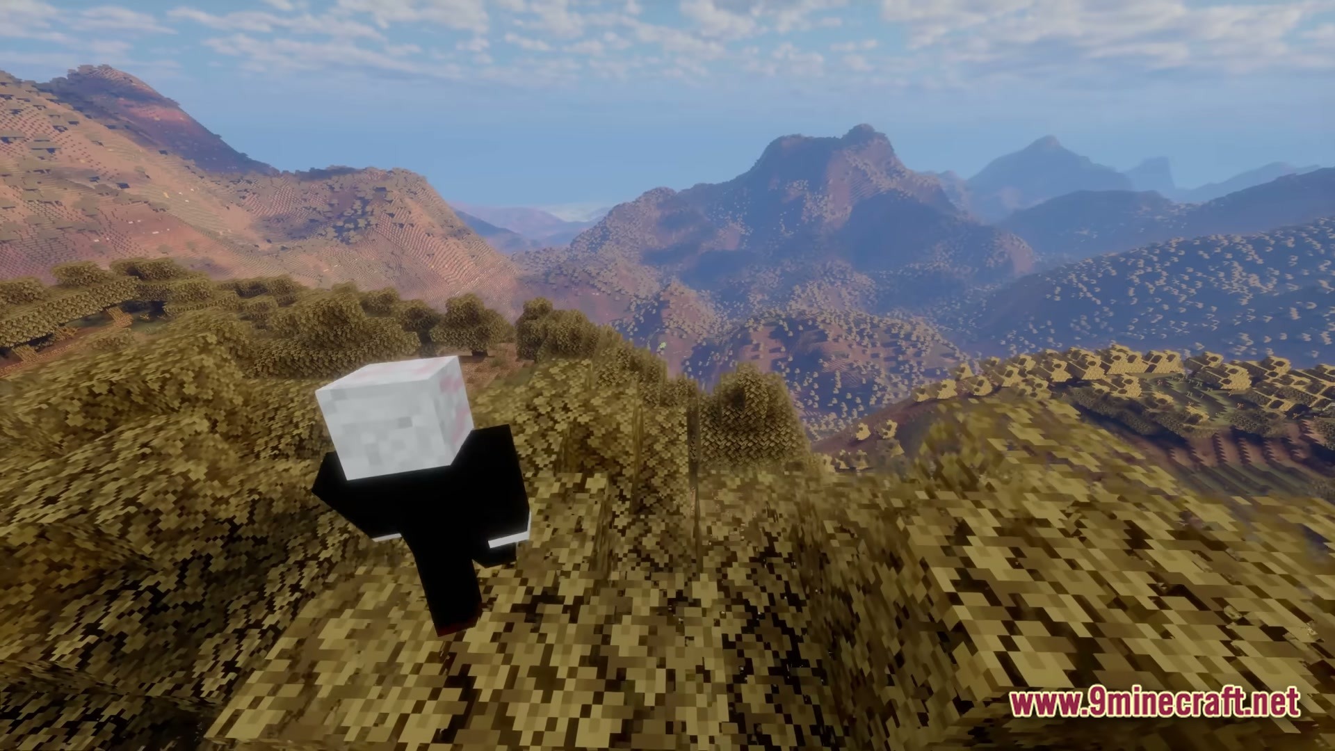 FF's Terra Forge Modpack Screenshot 3 A player character stands on a forested ridge overlooking a vast, mountainous landscape with custom terrain generation