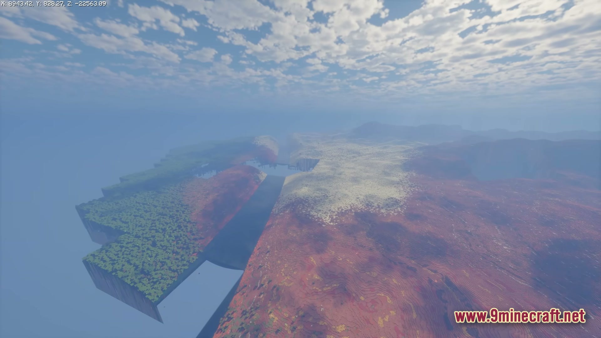 FF's Terra Forge Modpack Screenshot 5 An aerial view of vast, custom-generated terrain featuring mesa, forest, and snowy biomes under a cloudy sky