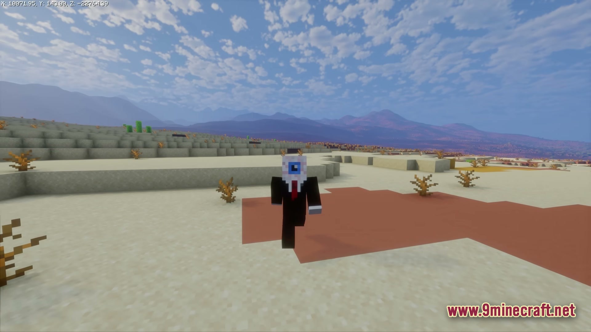 FF's Terra Forge Modpack Screenshot 6 A player character with an eyeball skin stands in a vast desert biome under a cloudy sky