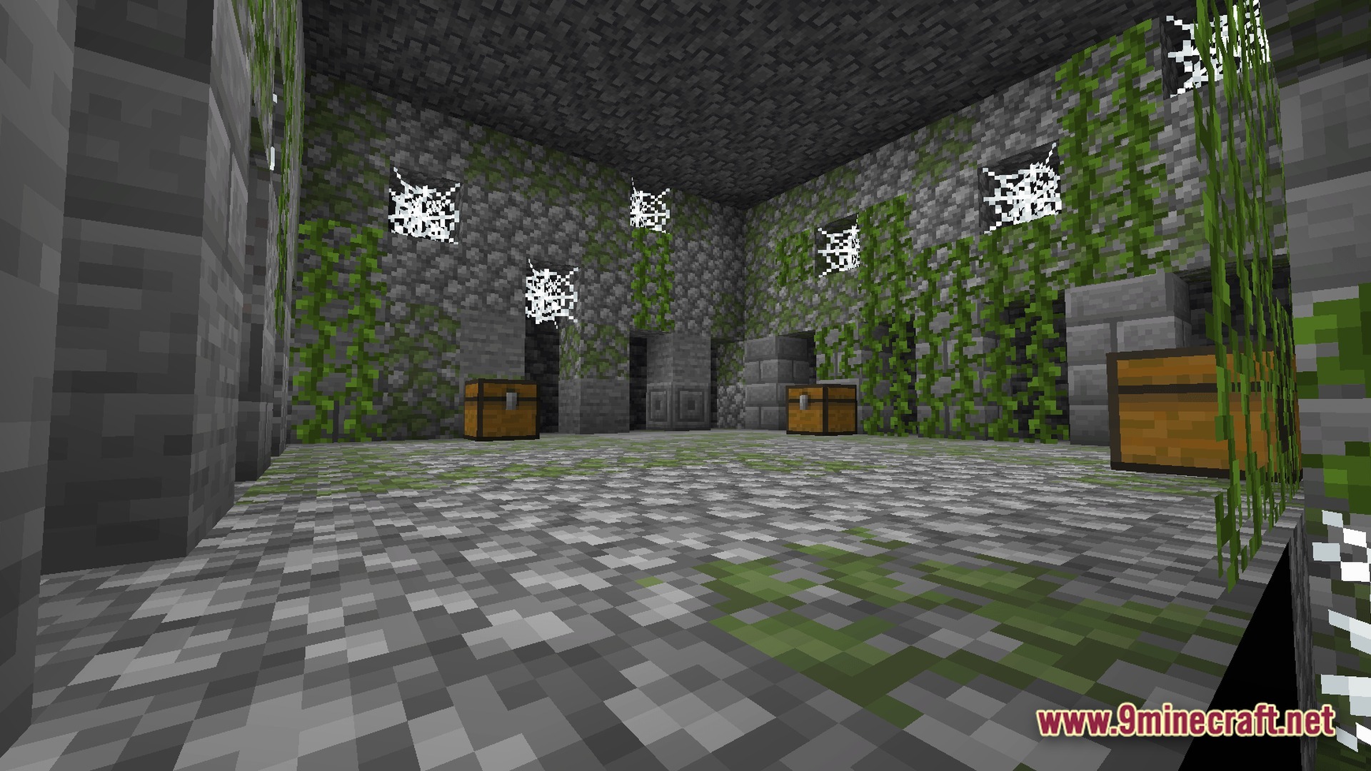FF's Terra Forge Modpack Screenshot 9 An overgrown stone dungeon room featuring loot chests, cobwebs, and mossy cobblestone walls