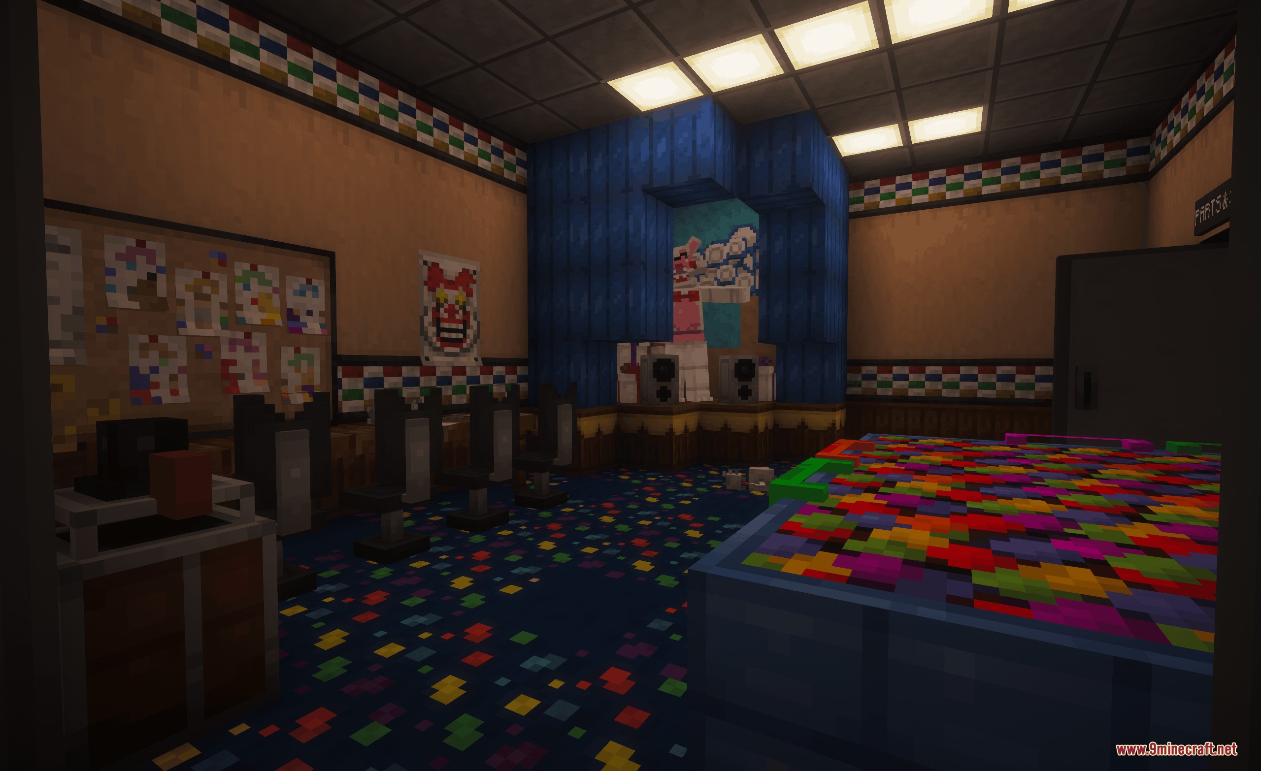 FNAF Management Wanted More Decor Mod Screenshot 1 Pizzeria dining area featuring a blue stage and colorful confetti patterned floor