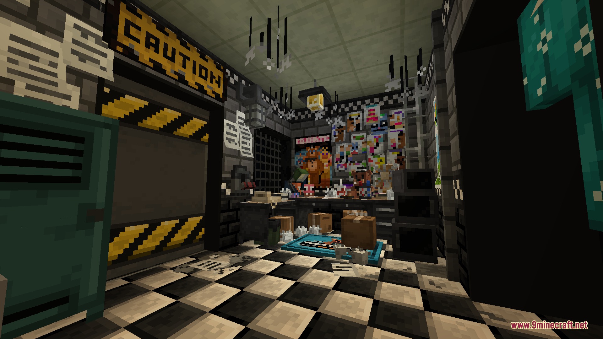 FNAF Management Wanted More Decor Mod Screenshot 2 Security office with checkered floors caution signs and various wall posters