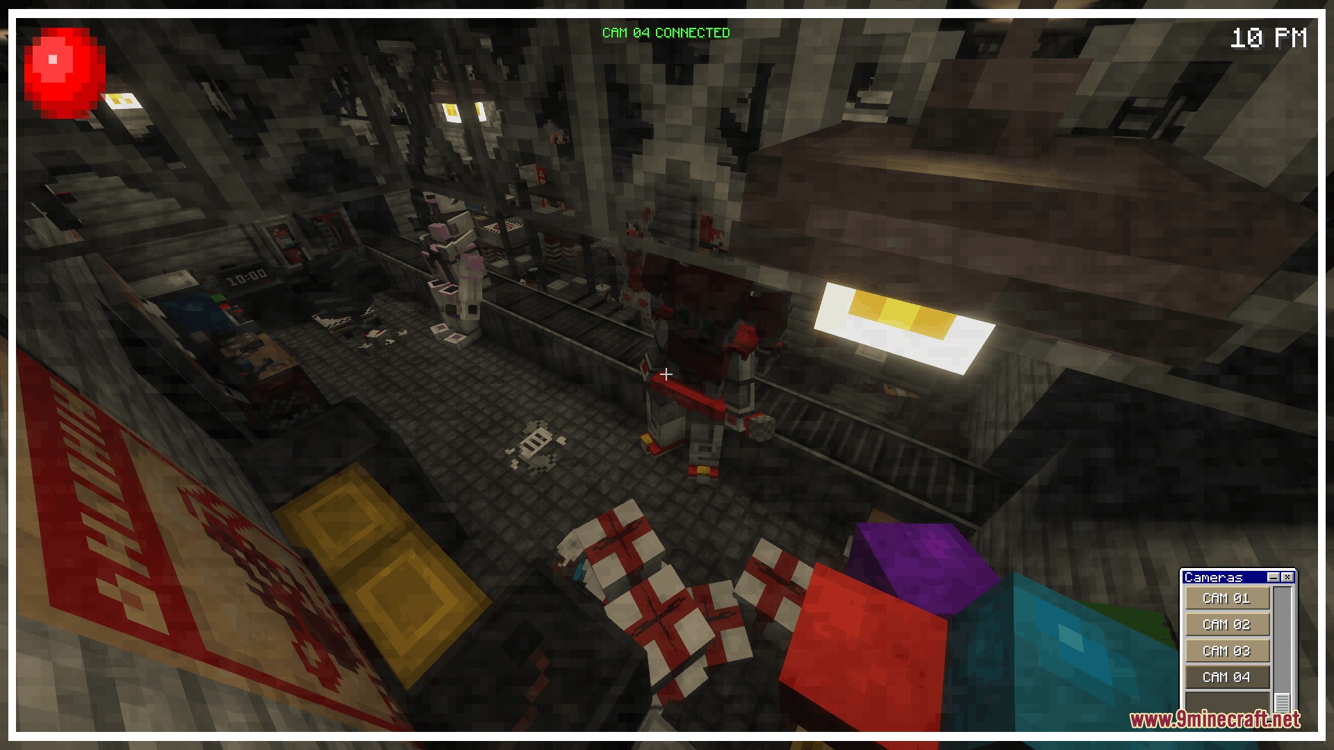 FNAF Management Wanted More Decor Mod Screenshot 3 Security camera view of a room filled with animatronics and gift boxes