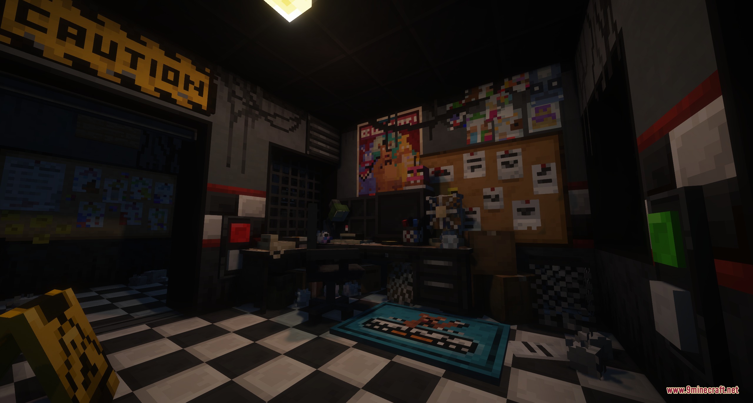 FNAF Management Wanted More Decor Mod Screenshot 4 A detailed security office with checkered floors and various FNAF themed decorations