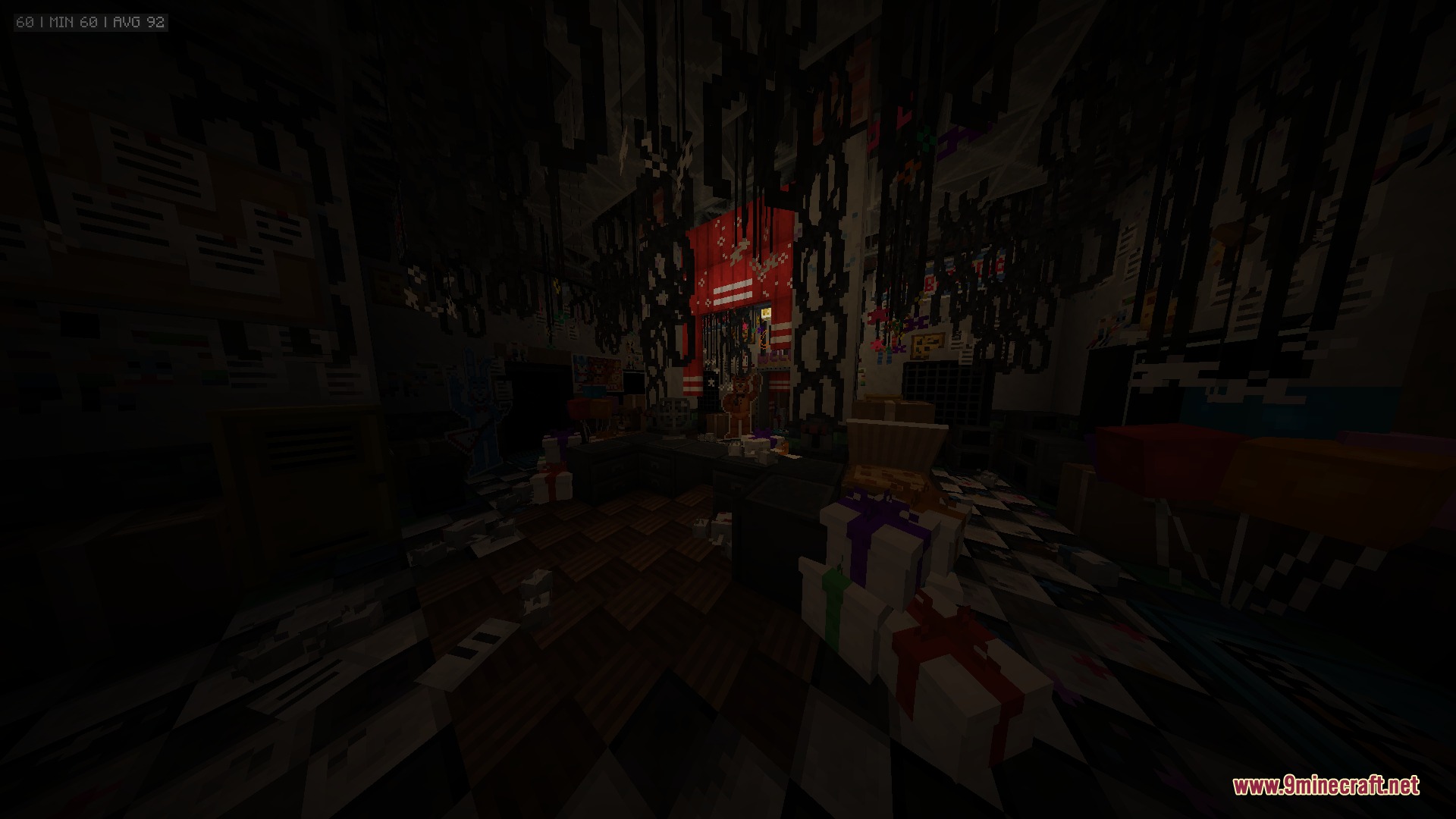 FNAF Management Wanted More Decor Mod Screenshot 5 Spooky pizzeria room featuring blocks from the FNAF Management Wanted More Decor Mod