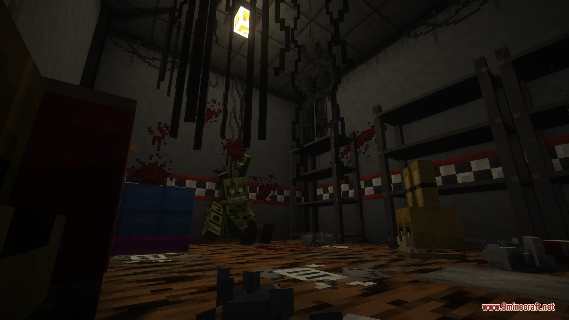 FNAF Management Wanted More Decor Mod Screenshot 6 Springtrap animatronic sitting in a dark room with blood splatters on walls