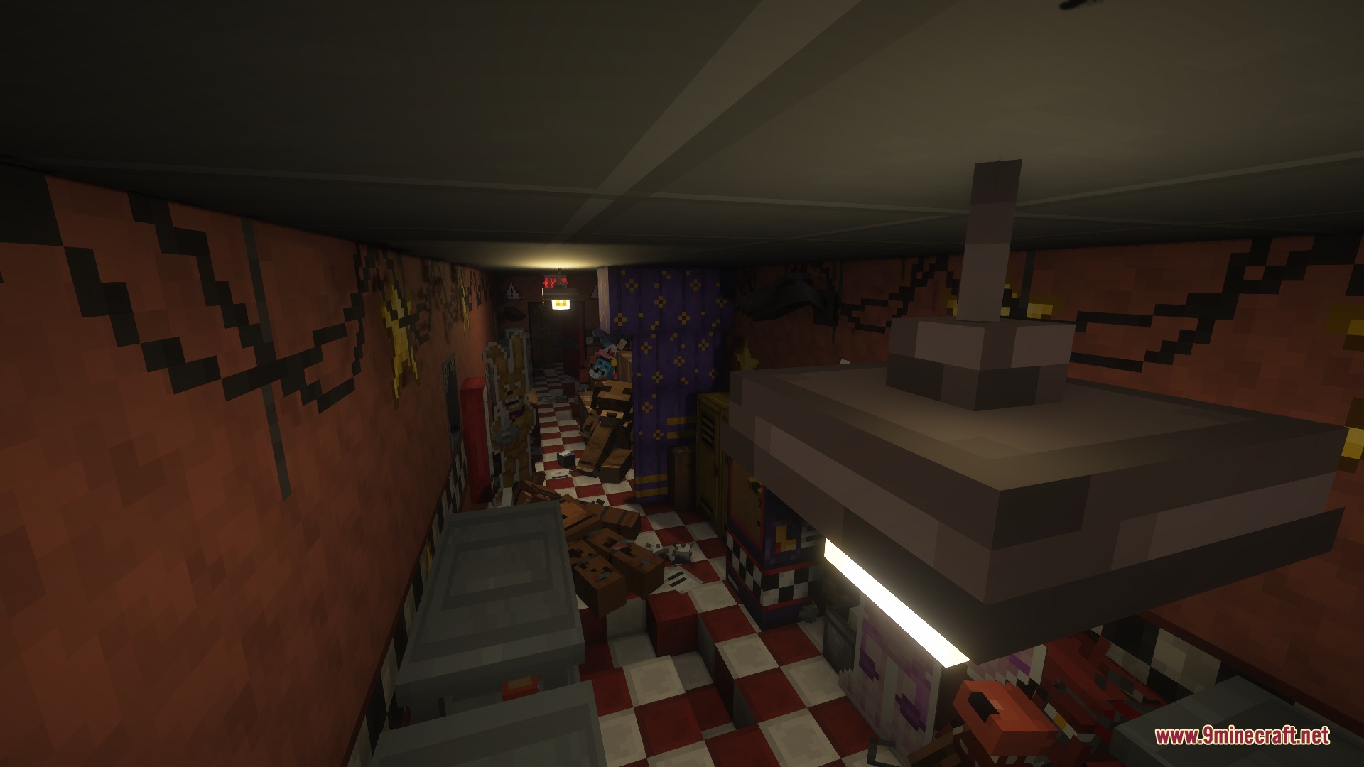 FNAF Management Wanted More Decor Mod Screenshot 7 Dark hallway with checkered floors and scattered Five Nights at Freddys decorations