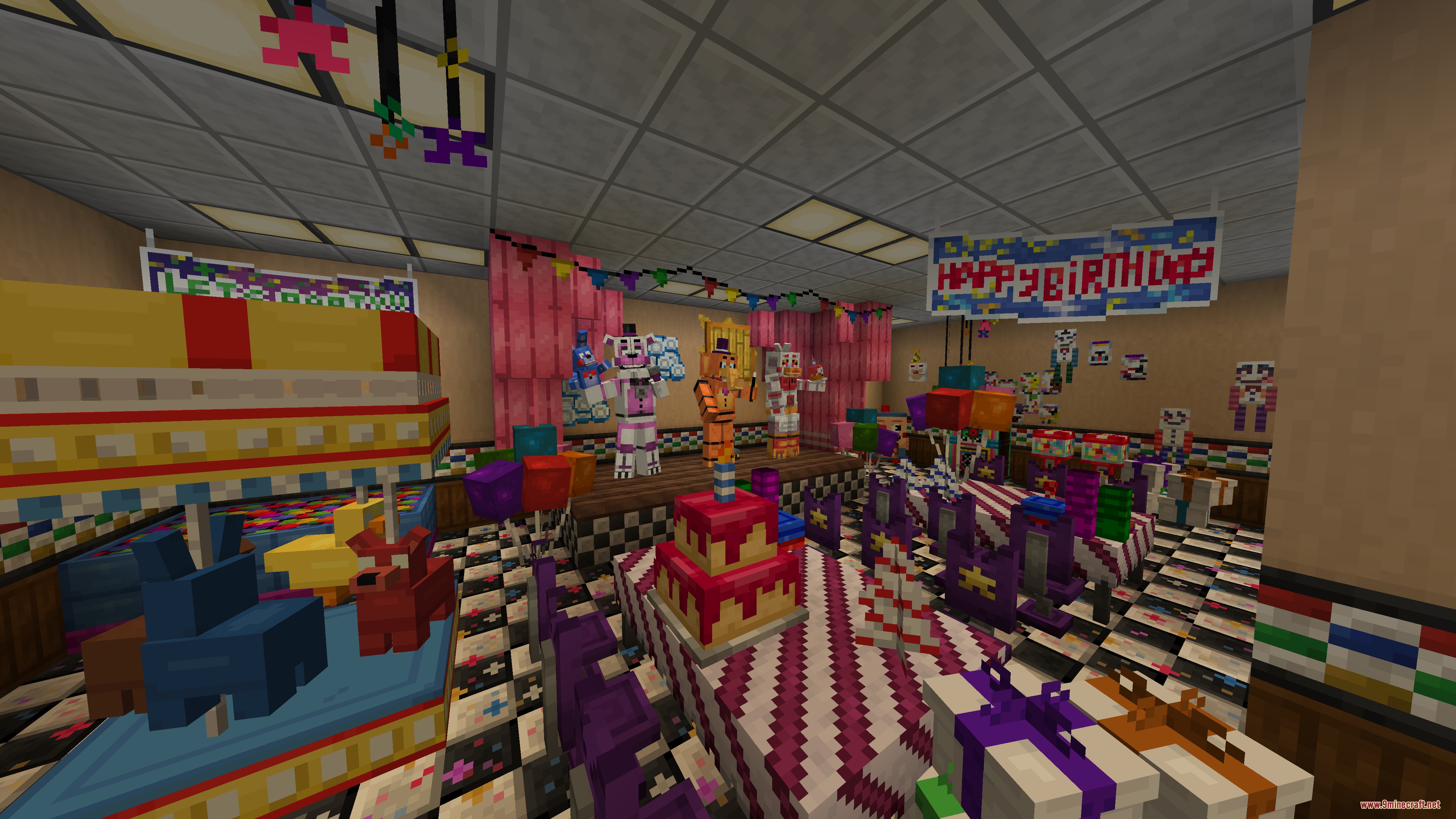 FNAF Management Wanted More Decor Mod Screenshot 8 Brightly lit party room with animatronics on stage and festive birthday decorations