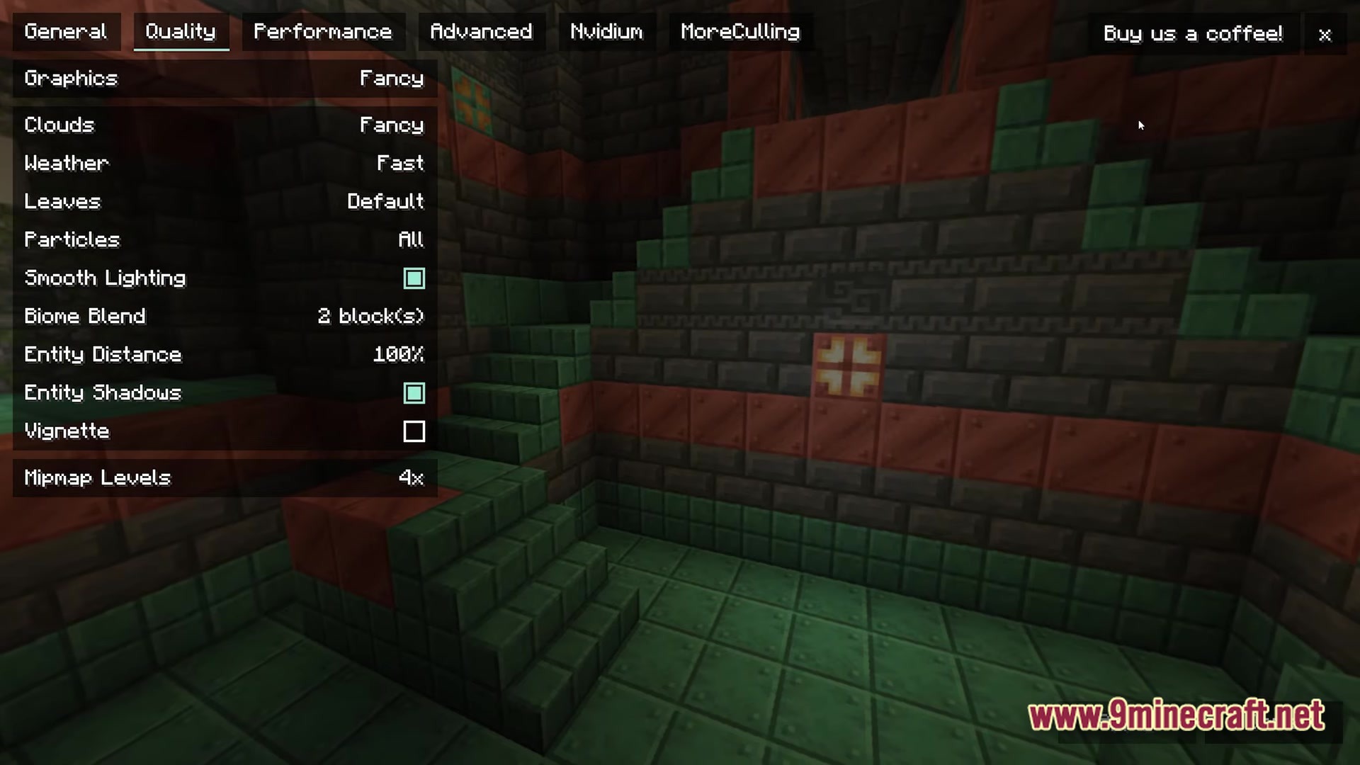 The quality settings menu is displayed over a trial chamber structure made of copper and tuff