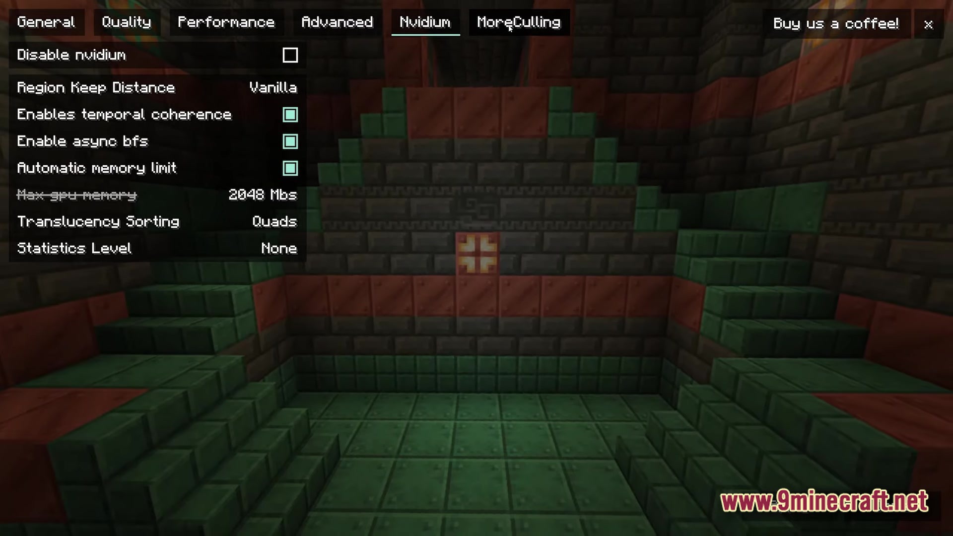 The Nvidium performance settings menu displayed over a trial chamber structure made of copper and tuff