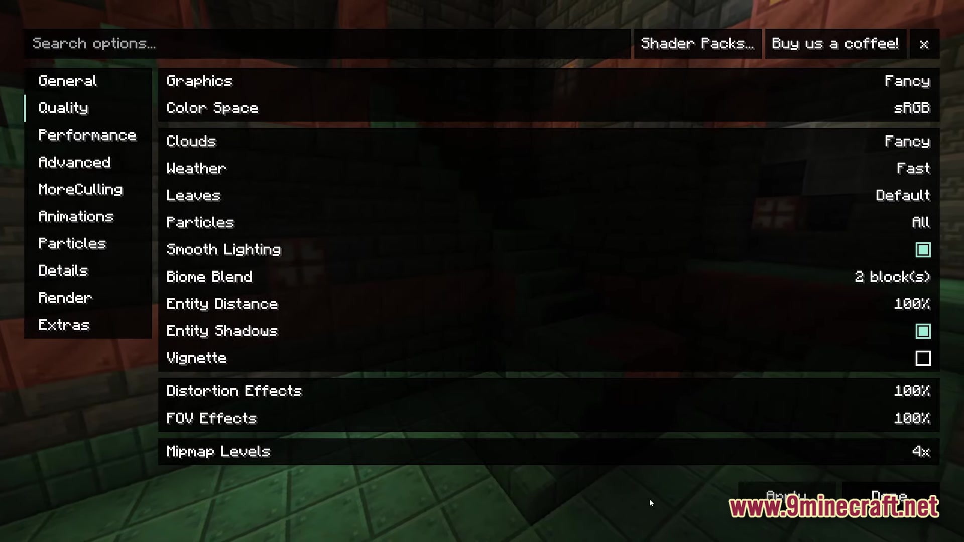 The video settings menu interface overlaying a dark interior structure built with copper blocks